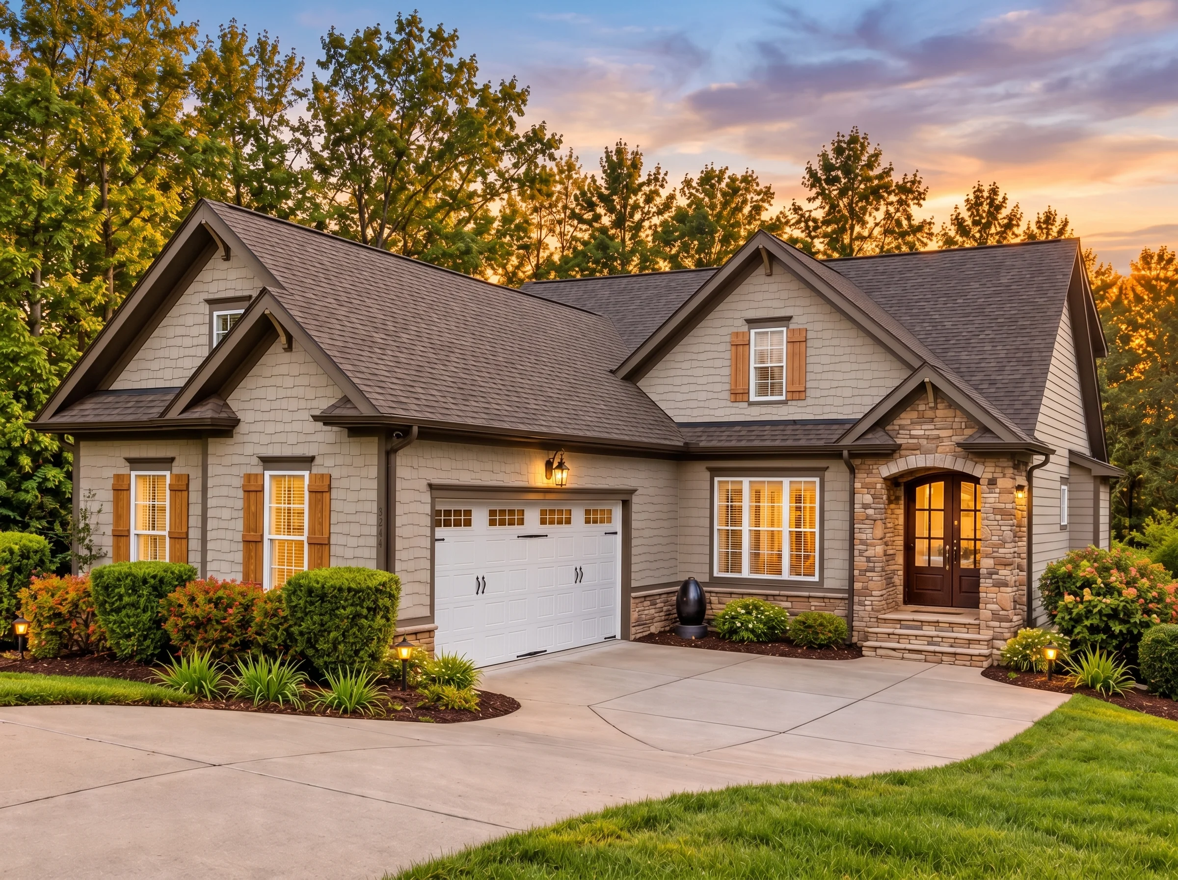 Plan  12-2295 – Ivy Grove Manor |  New American – 4-Bed, 3.5-Bath, 2,330 SF - Mushroom Taupe, AI-generated exterior concept