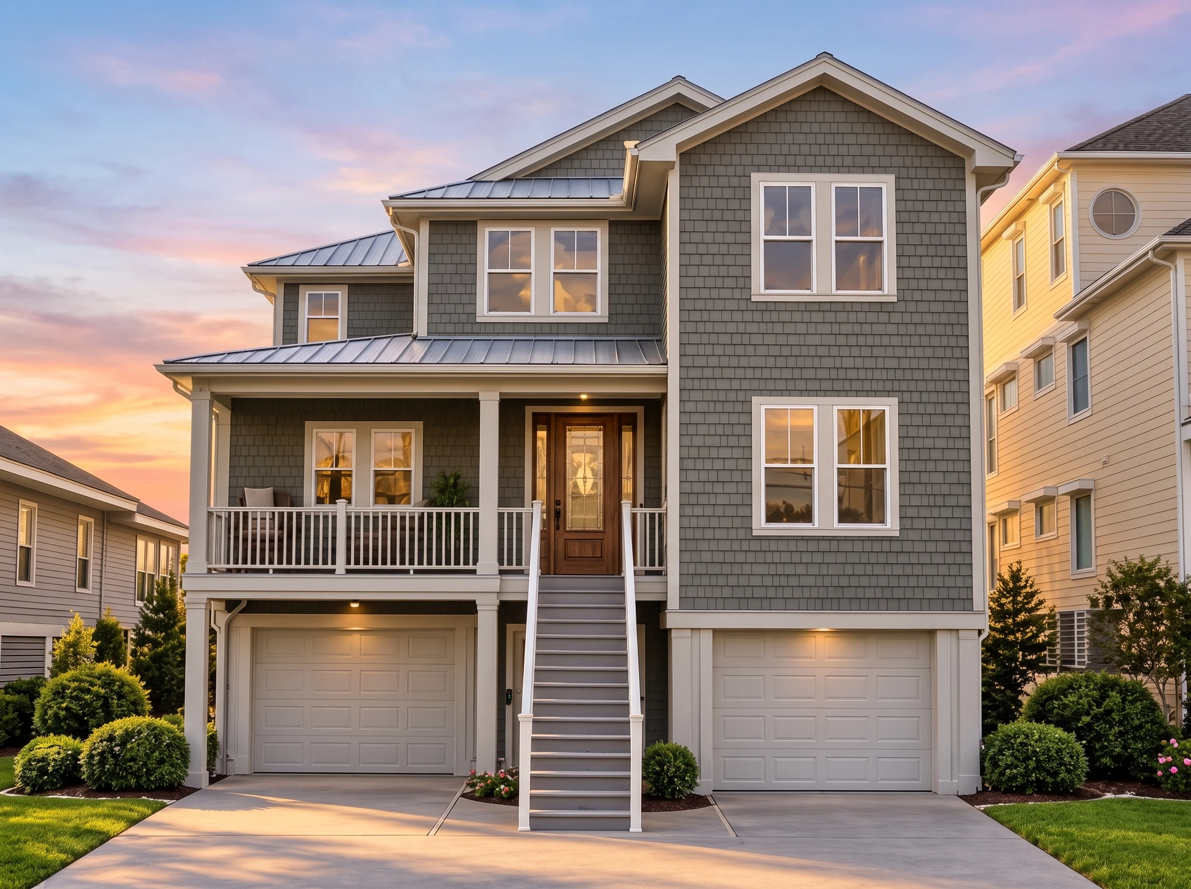 Plan  12-2483 – Hillside Abode |  Coastal Traditional – 6-Bed, 5-Bath, 3,448 SF - Warm Charcoal, AI-generated exterior concept