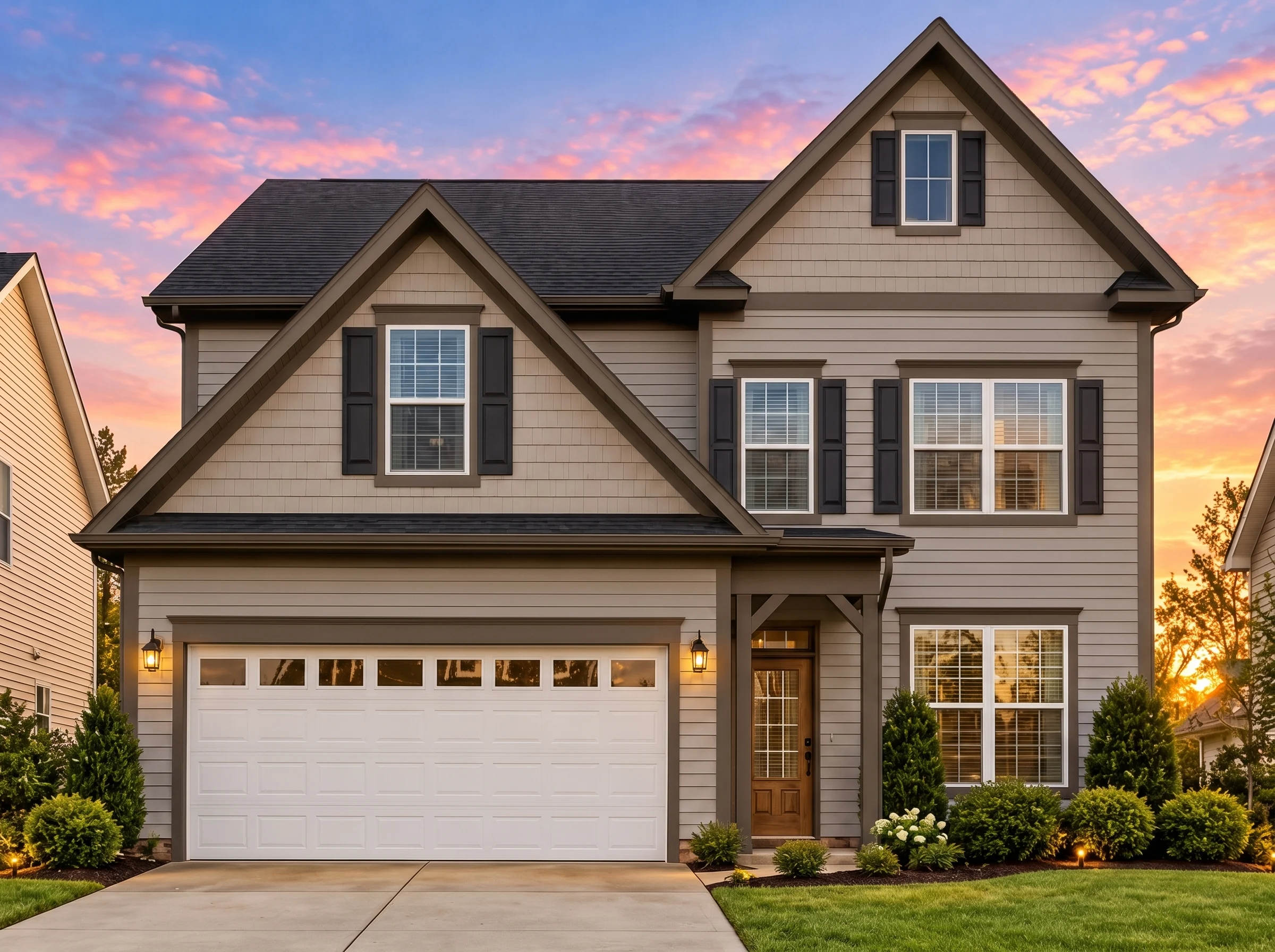 Plan  12-2469 – Mill House |  Traditional Colonial – 3-Bed, 2.5-Bath, 2,323 SF - Mushroom Taupe, AI-generated exterior concept
