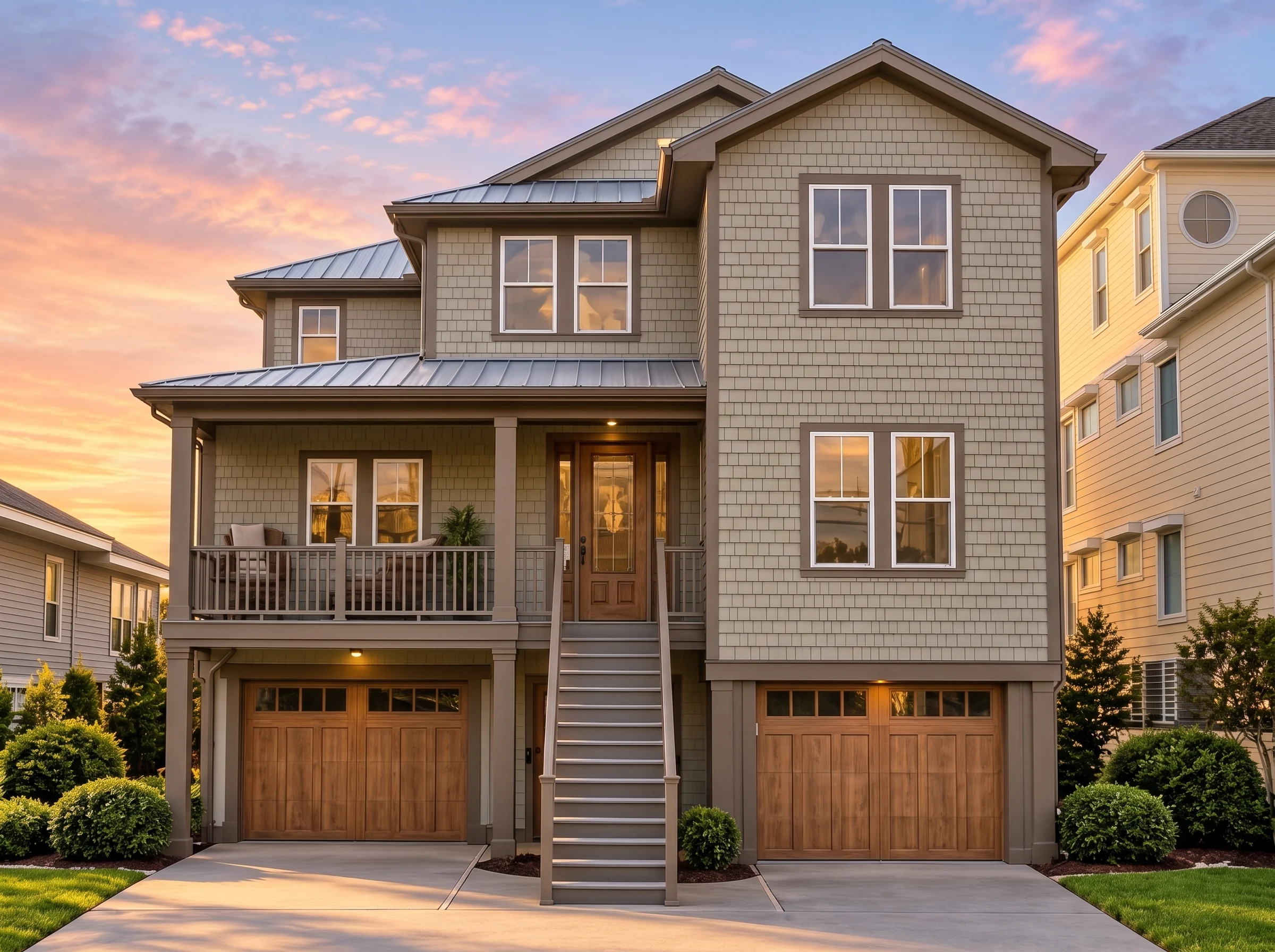 Plan  12-2483 – Hillside Abode |  Coastal Traditional – 6-Bed, 5-Bath, 3,448 SF - Mushroom Taupe, AI-generated exterior concept