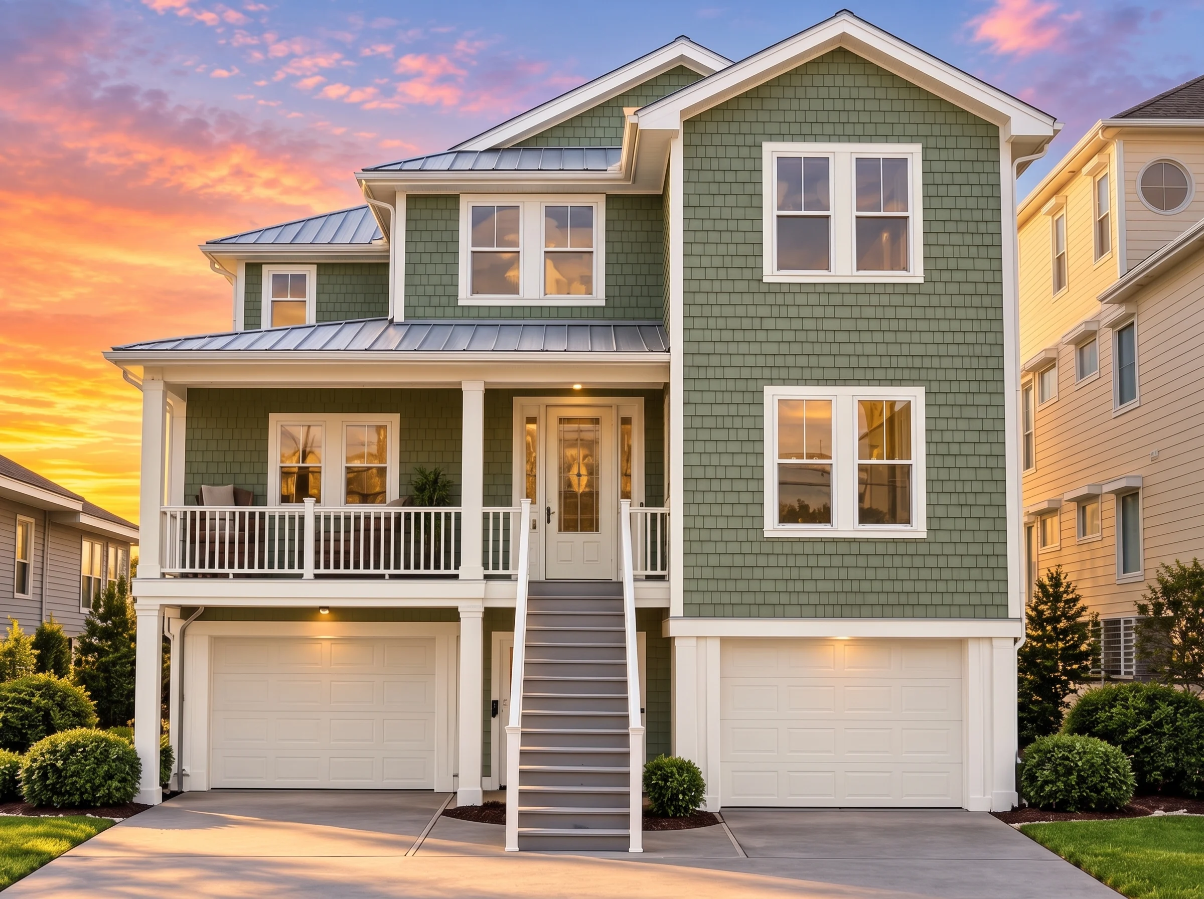 Plan  12-2483 – Hillside Abode |  Coastal Traditional – 6-Bed, 5-Bath, 3,448 SF - Muted Sage, AI-generated exterior concept