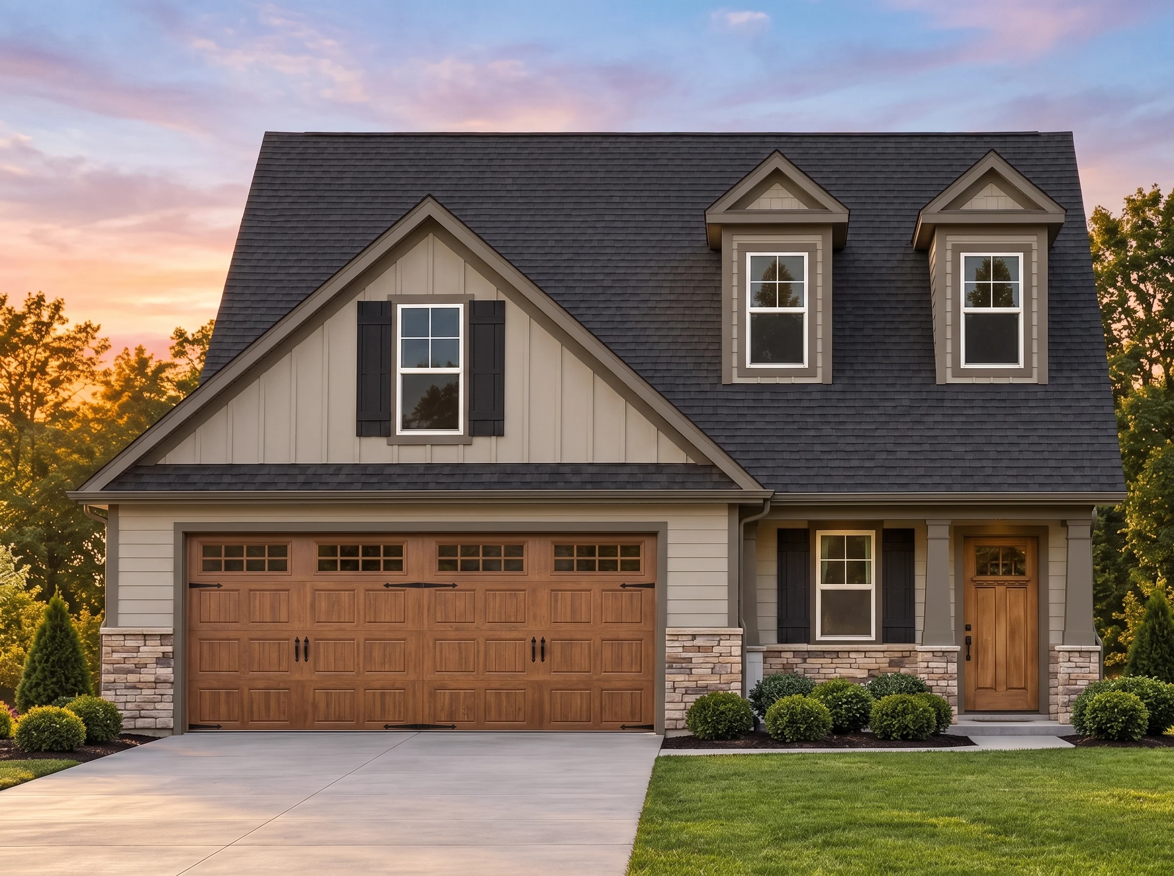 Plan  12-2461 – Contest Retreat |  Traditional Suburban – 3-Bed, 2-Bath, 1,664 SF - Mushroom Taupe, AI-generated exterior concept