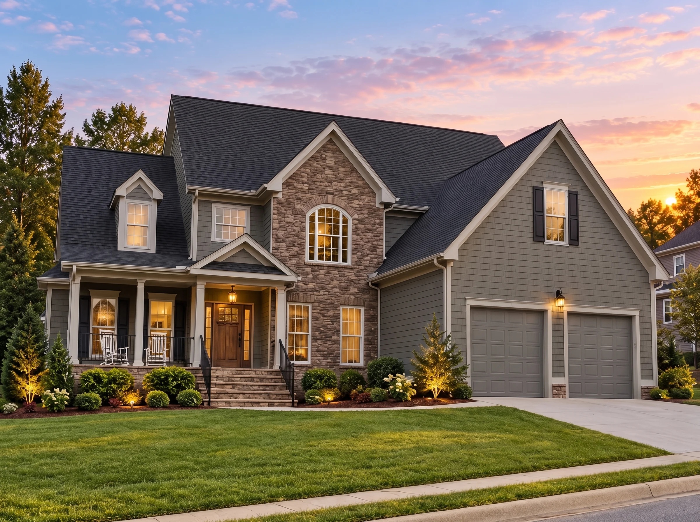 Plan  12-2445 – Dogwood Point Manor  | New American – 3-Bed, 3.5-Bath, 4,335 SF - Warm Charcoal, AI-generated exterior concept