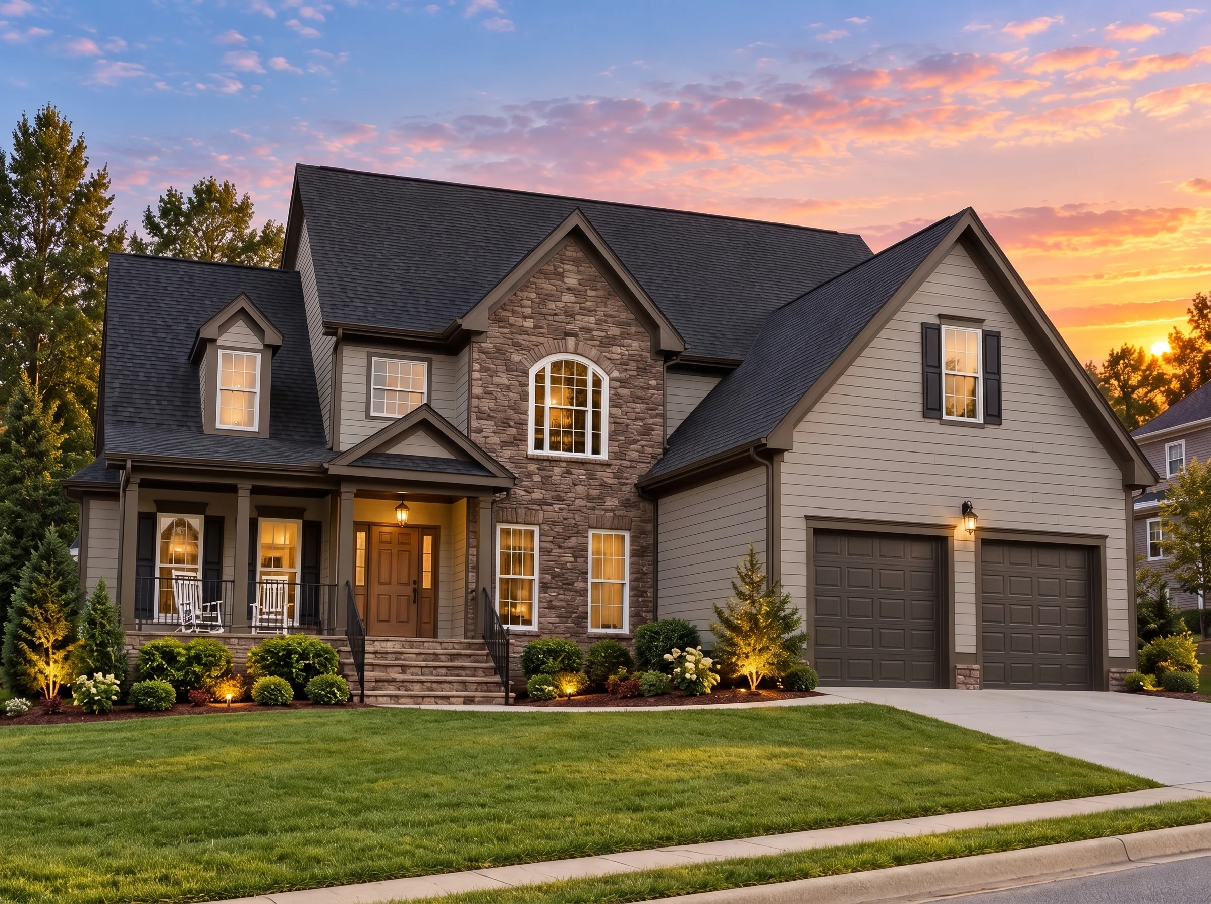 Plan  12-2445 – Dogwood Point Manor  | New American – 3-Bed, 3.5-Bath, 4,335 SF - Mushroom Taupe, AI-generated exterior concept