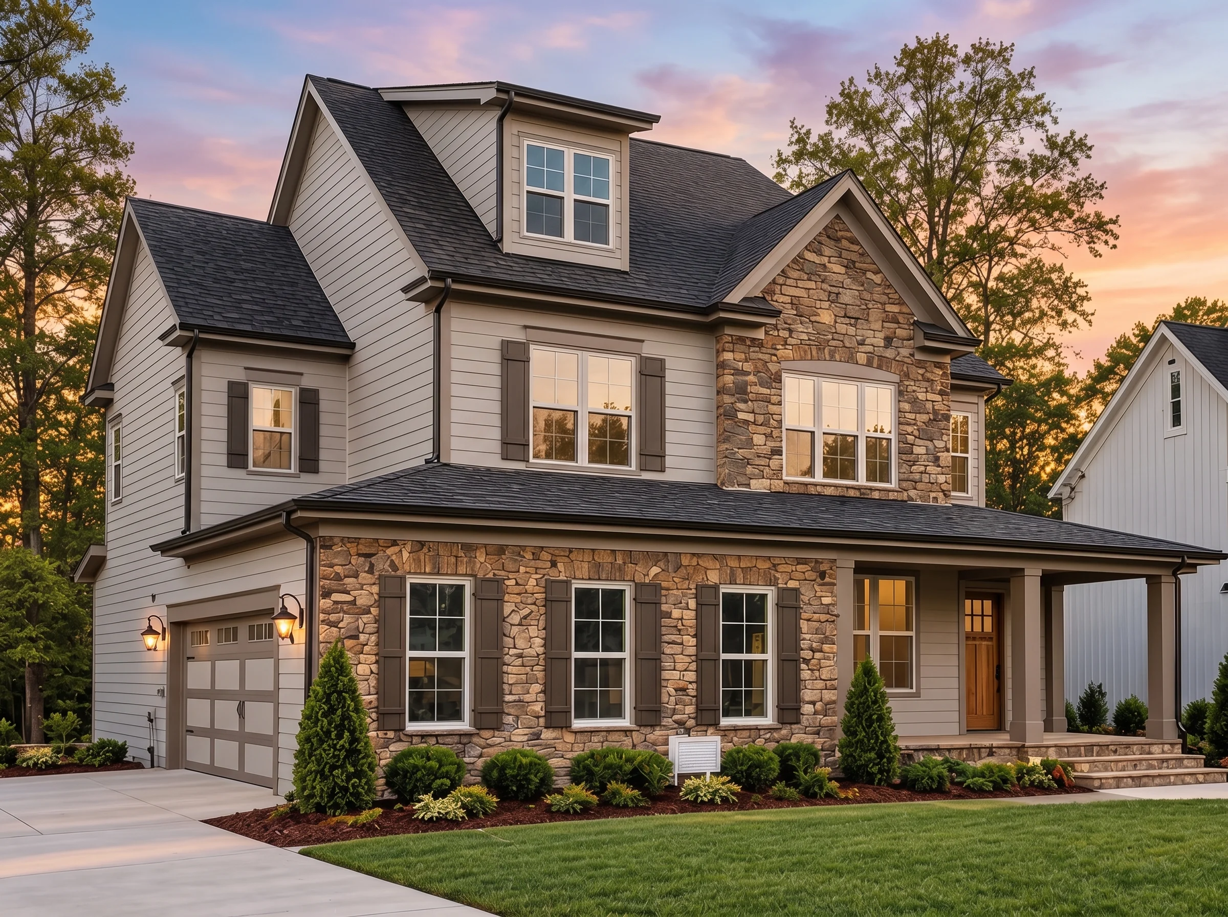 Plan  12-2356 – Magnolia Creek Estate  | Traditional Colonial – 4-Bed, 2.5-Bath, 2,416 SF - Mushroom Taupe, AI-generated exterior concept