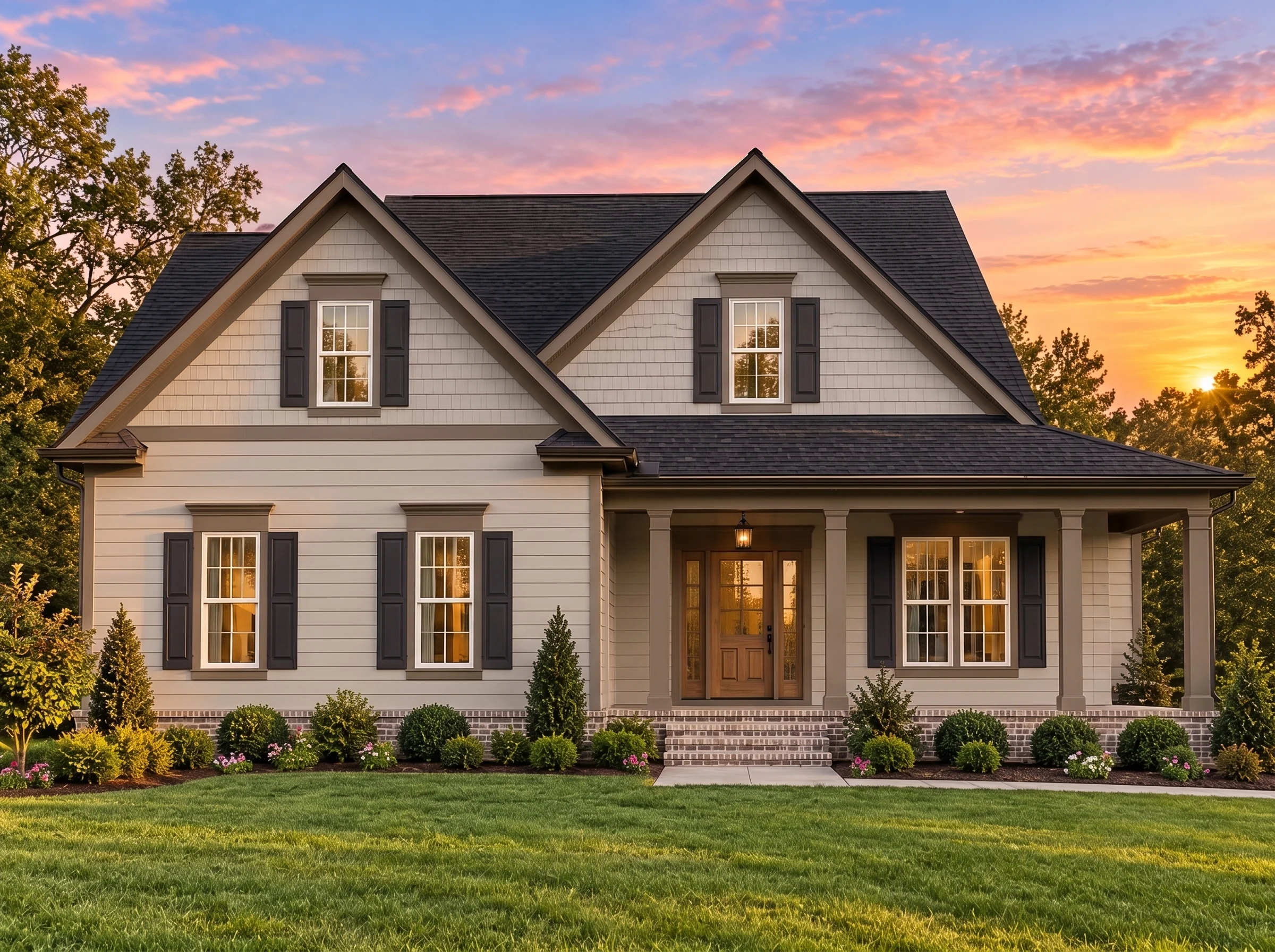 Plan  12-2388 – Pecan Brook Manor |  Cape Cod – 3-Bed, 2.5-Bath, 1,721 SF - Mushroom Taupe, AI-generated exterior concept
