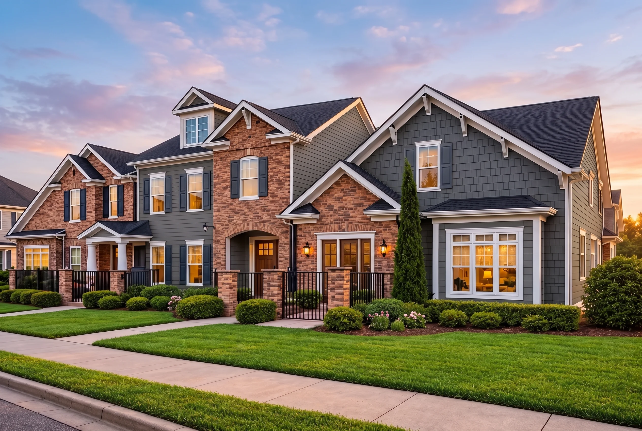 Plan  12-2340 – Chimney Cottage |  TRIPLEX Townhome-New American – 4-Bed, 4-Bath, 2,307 SF - Warm Charcoal, AI-generated exterior concept