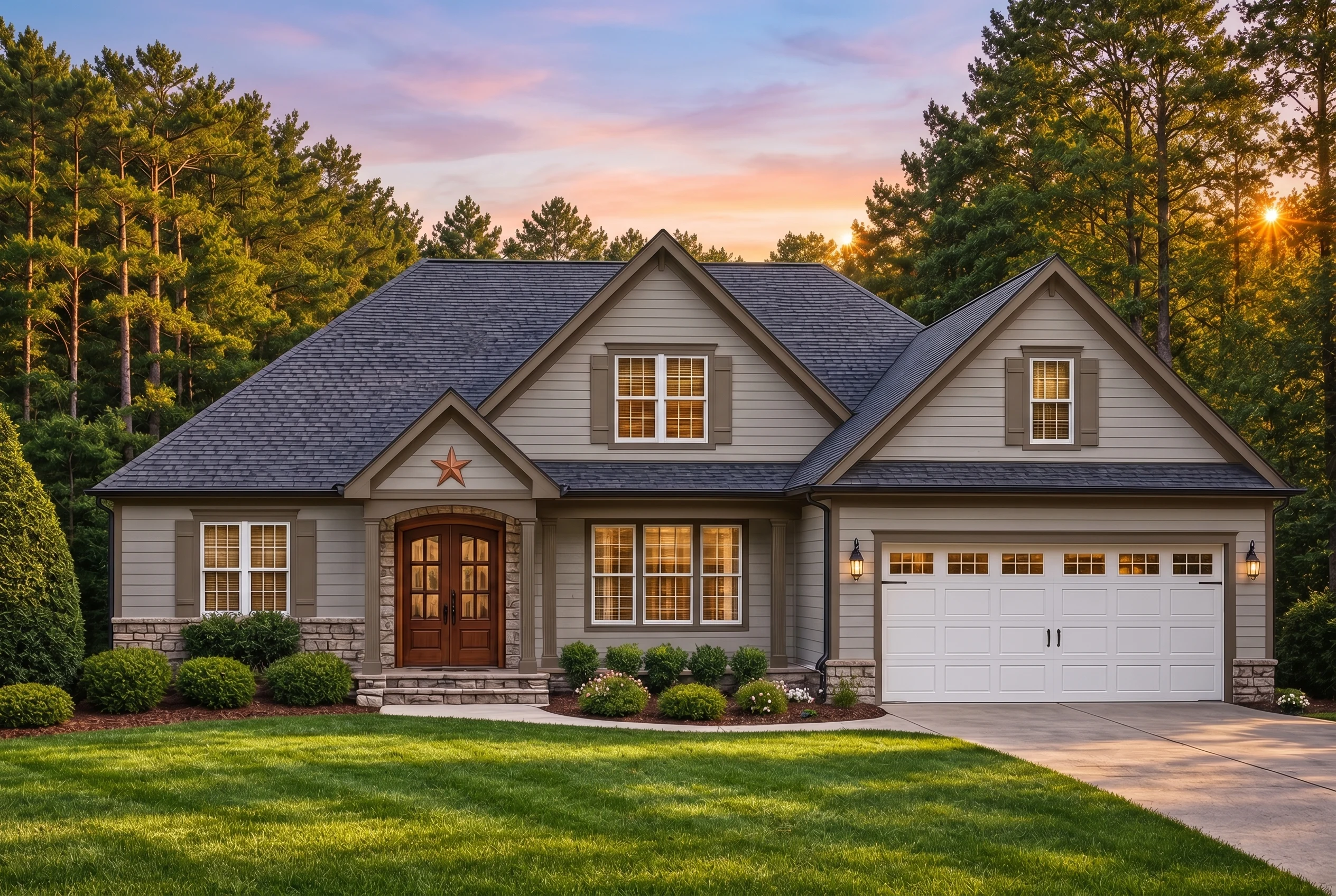 Plan  12-2334 – Hazel Point House |  New American – 3-Bed, 3-Bath, 2,874 SF - Mushroom Taupe, AI-generated exterior concept
