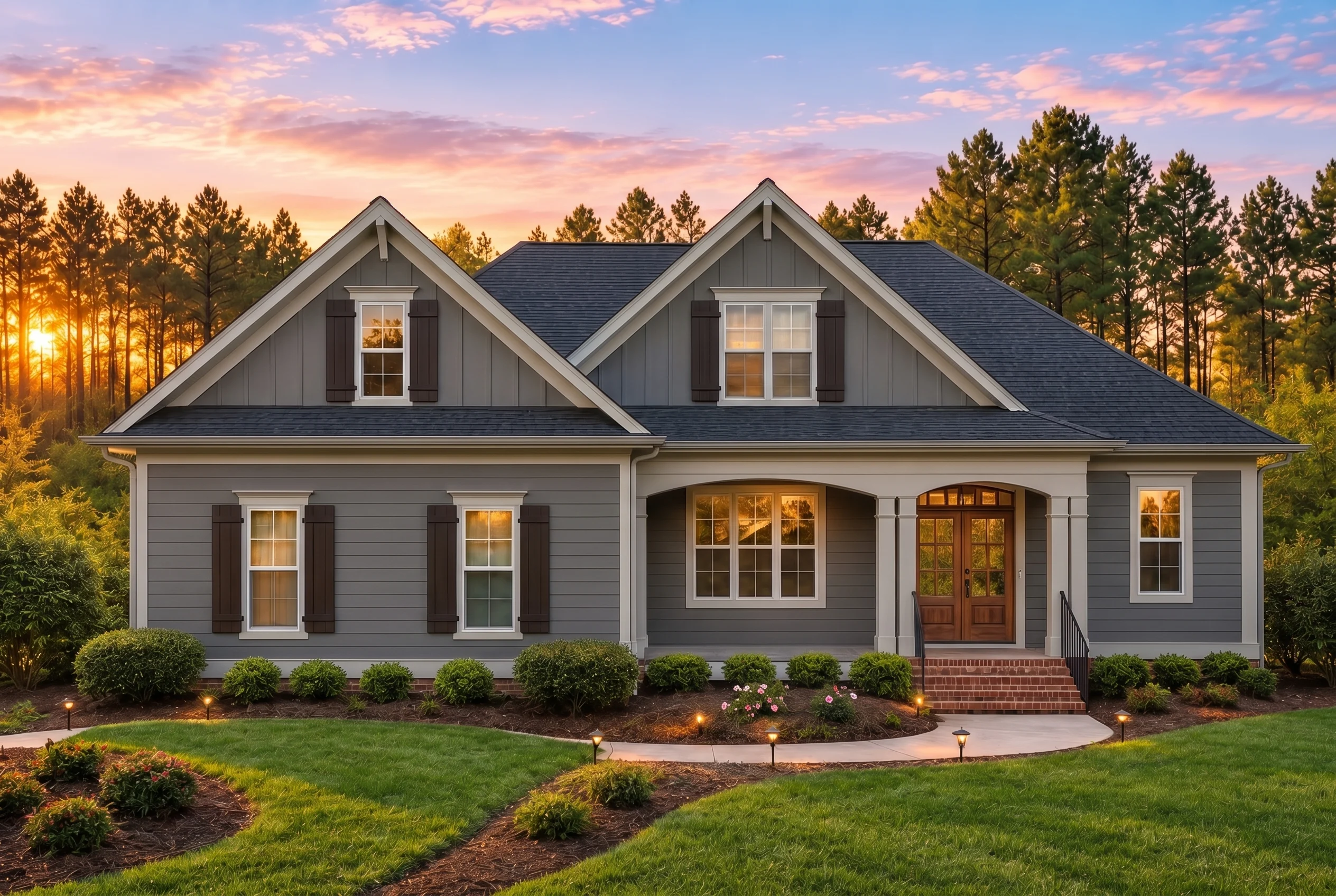 Plan  12-2321 – Colorado River |  Traditional Farmhouse – 3-Bed, 2-Bath, 2,599 SF - Warm Charcoal, AI-generated exterior concept