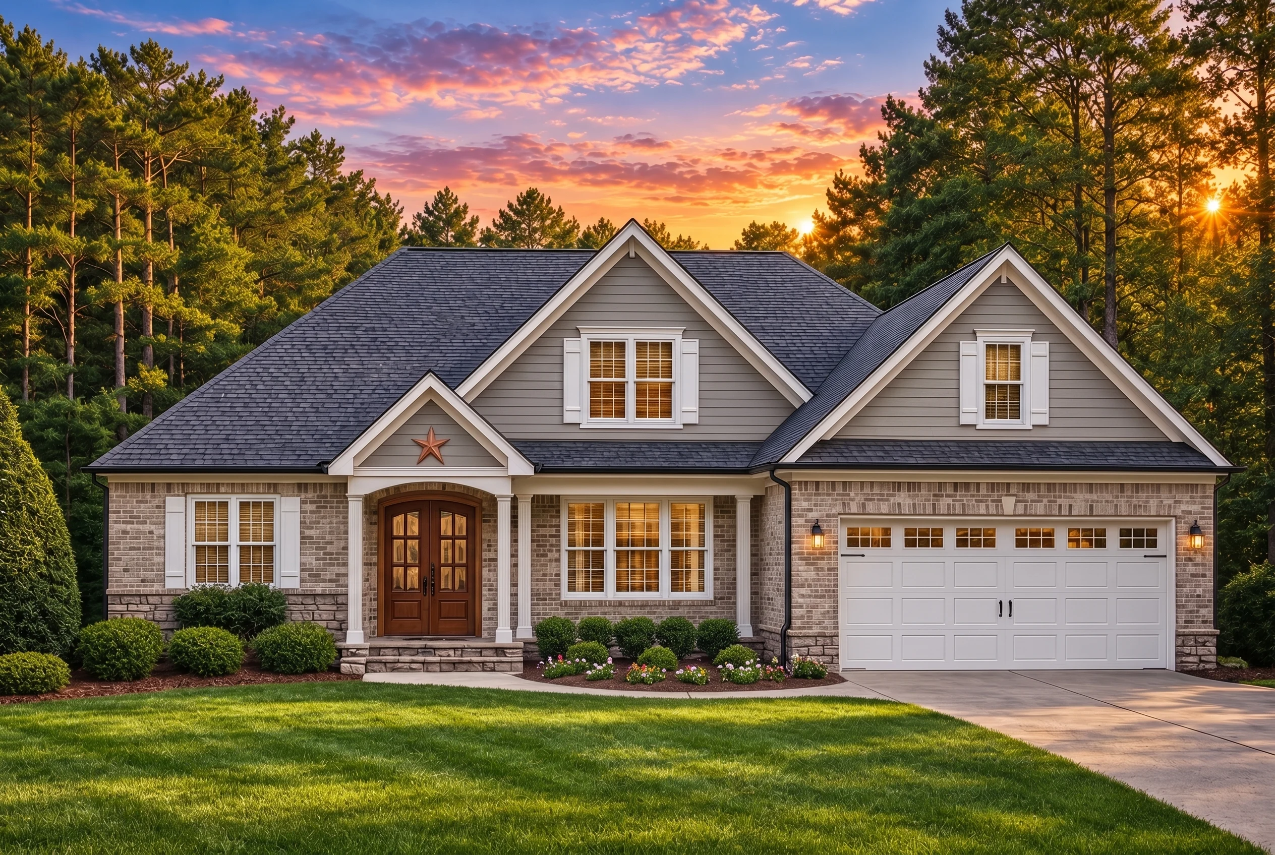 Plan  12-2334 – Hazel Point House |  New American – 3-Bed, 3-Bath, 2,874 SF - Natural Brick, AI-generated exterior concept