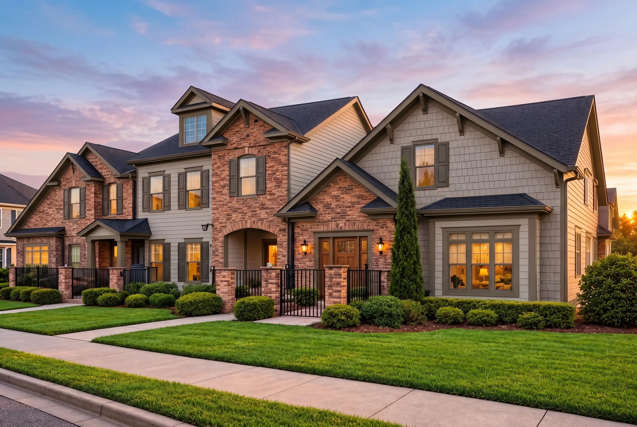 Plan  12-2340 – Chimney Cottage |  TRIPLEX Townhome-New American – 4-Bed, 4-Bath, 2,307 SF - Mushroom Taupe, AI-generated exterior concept