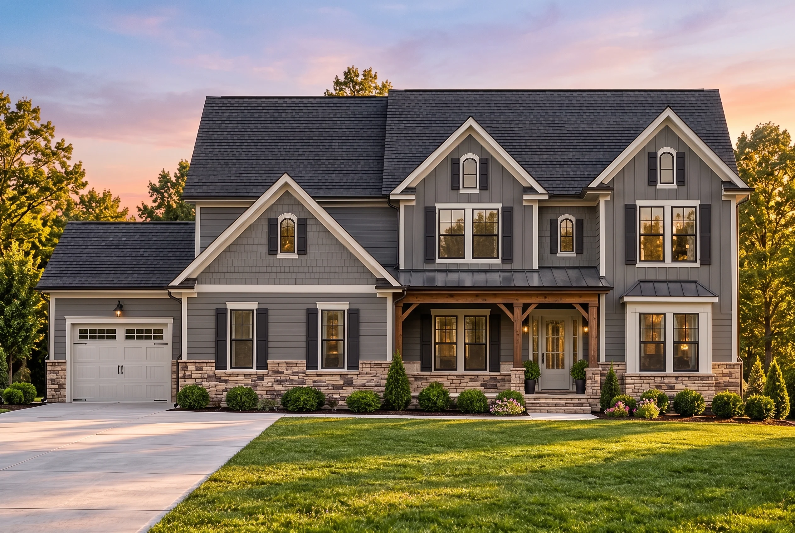 Plan  12-2549 – Aster Run House |  Modern Farmhouse – 4-Bed, 3.5-Bath, 3,827 SF - Warm Charcoal, AI-generated exterior concept