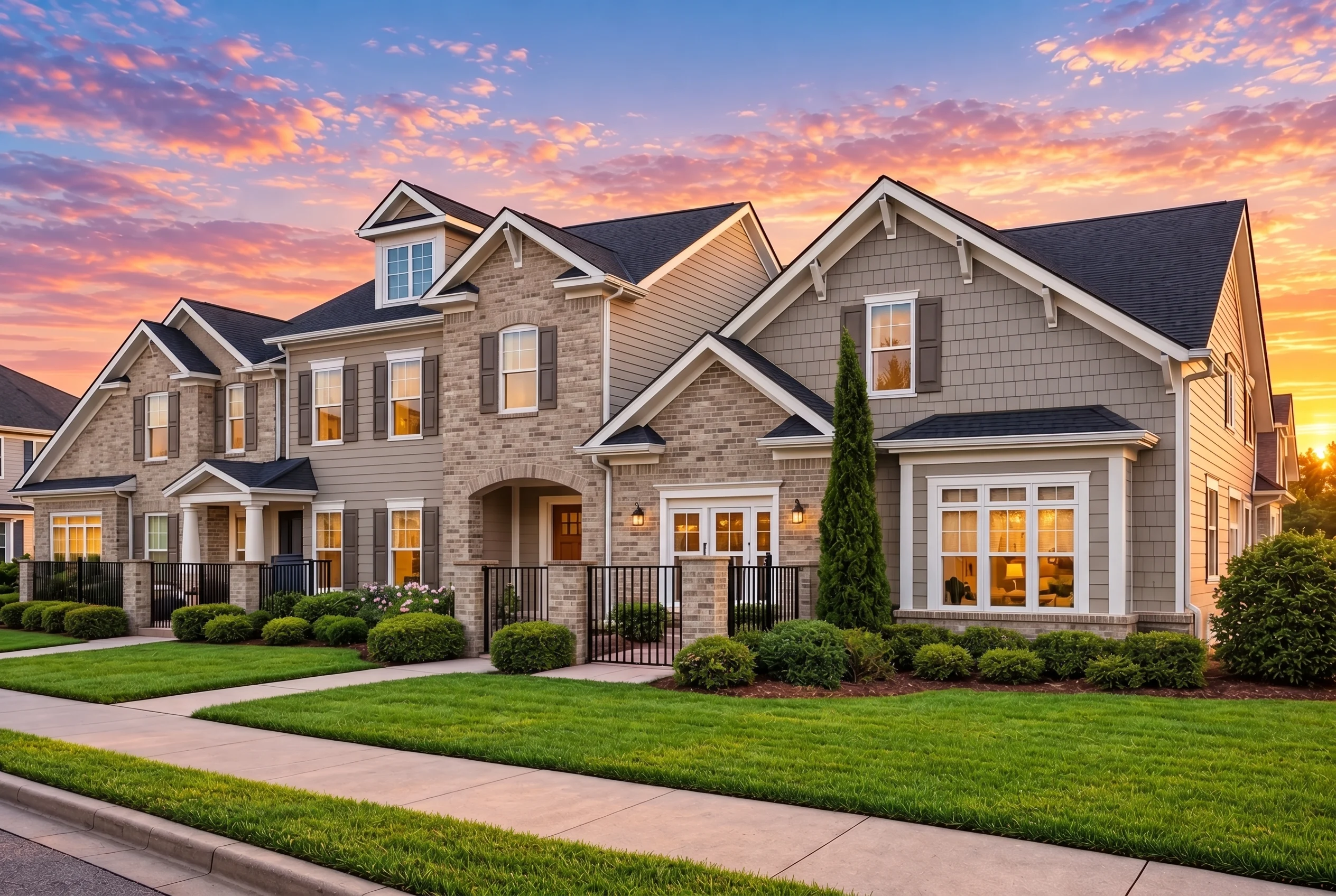 Plan  12-2340 – Chimney Cottage |  TRIPLEX Townhome-New American – 4-Bed, 4-Bath, 2,307 SF - Natural Brick, AI-generated exterior concept