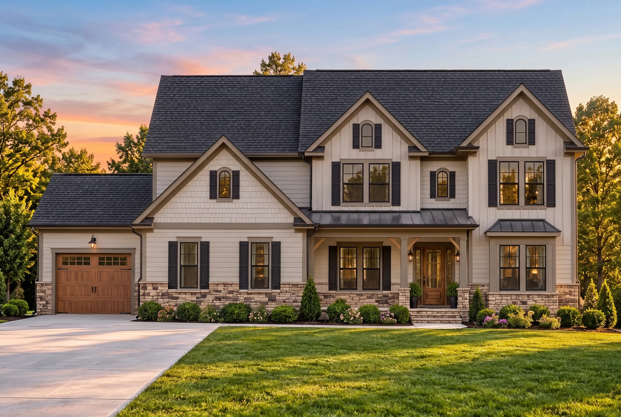 Plan  12-2549 – Aster Run House |  Modern Farmhouse – 4-Bed, 3.5-Bath, 3,827 SF - Mushroom Taupe, AI-generated exterior concept