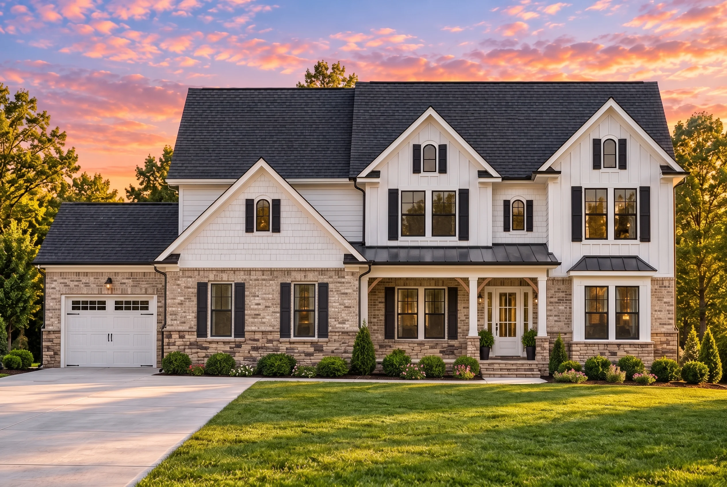 Plan  12-2549 – Aster Run House |  Modern Farmhouse – 4-Bed, 3.5-Bath, 3,827 SF - Natural Brick, AI-generated exterior concept