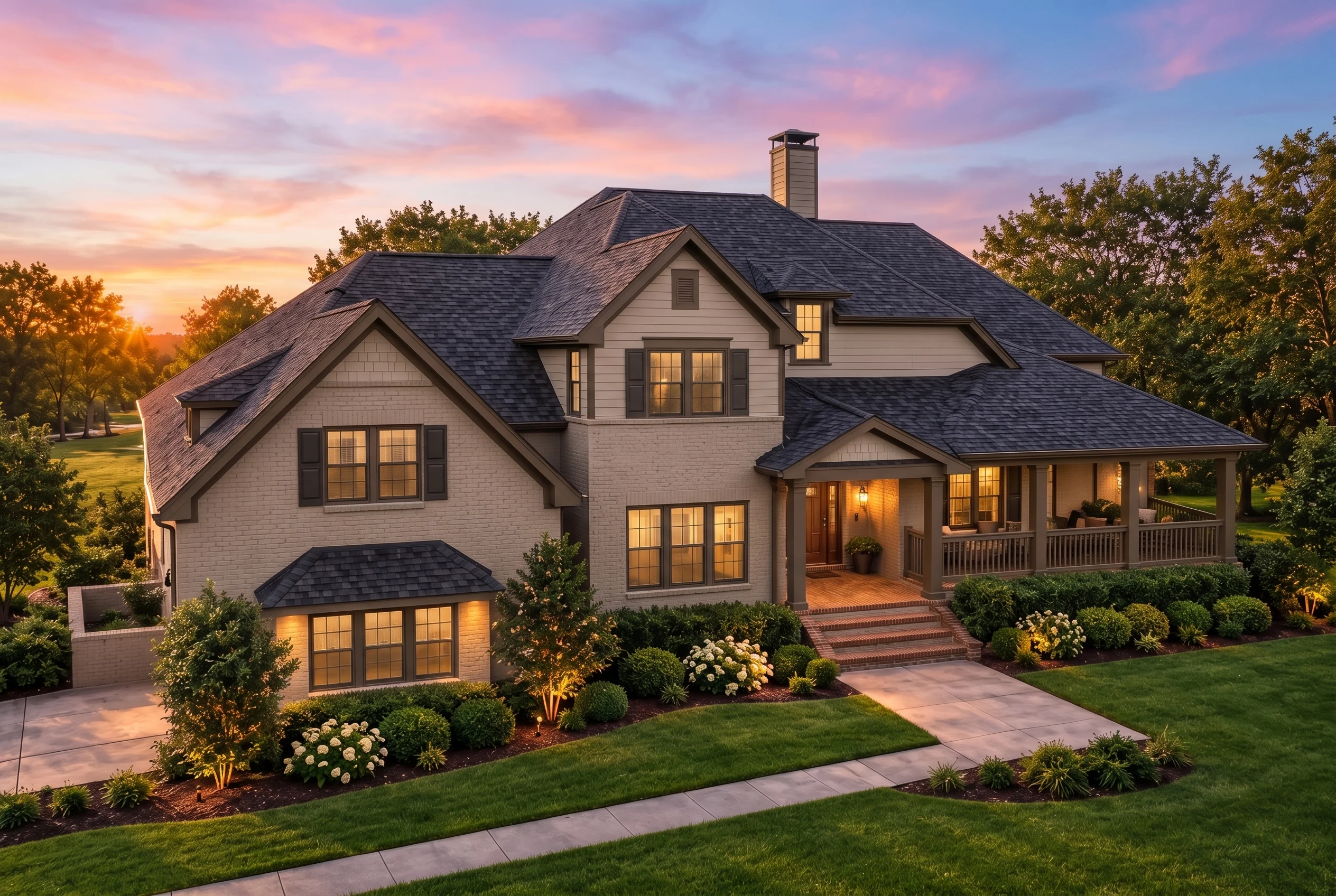 Plan  12-2491 – Auburn Willow Retreat  | Traditional Colonial – 3-Bed, 3.5-Bath, 3,102 SF - Mushroom Taupe, AI-generated exterior concept