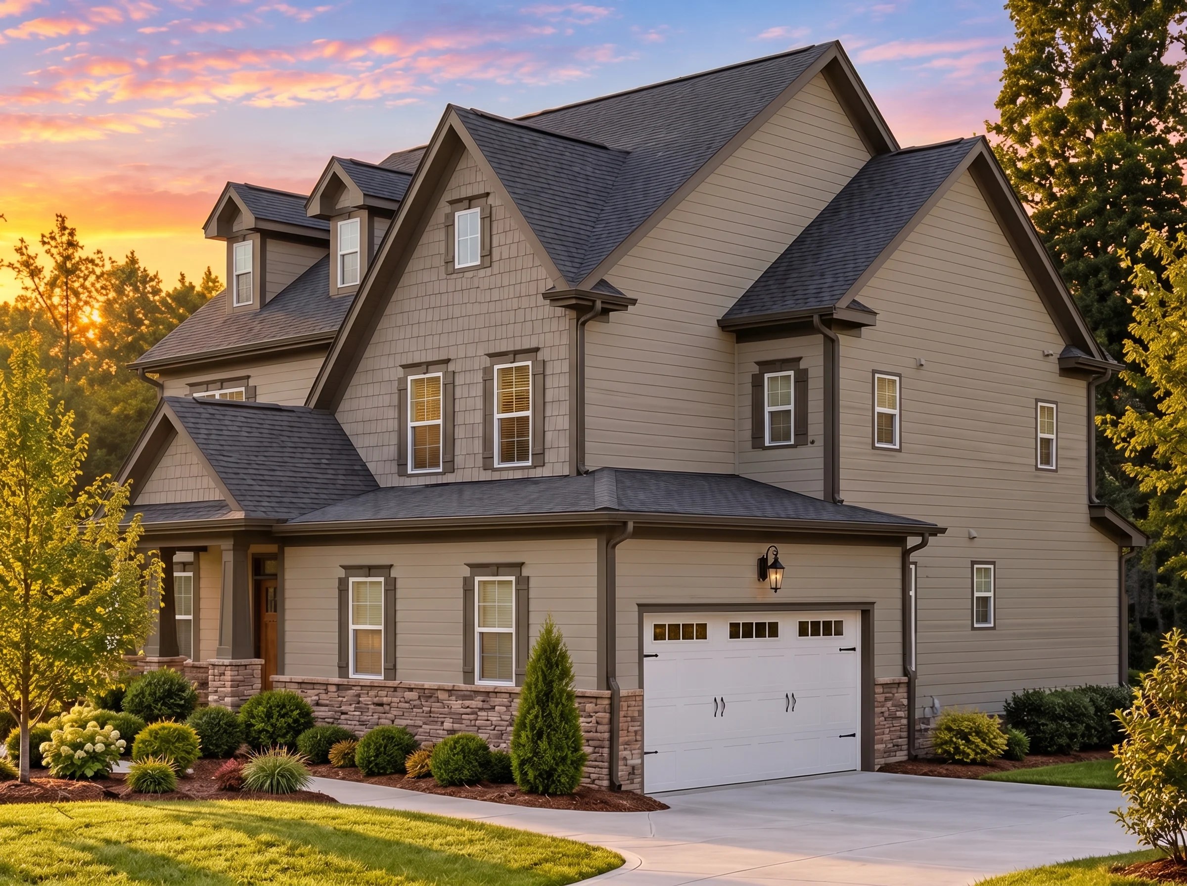 Plan  12-2554 – Auburn Springs Chalet  | New American – 5-Bed, 3.5-Bath, 3,143 SF - Mushroom Taupe, AI-generated exterior concept