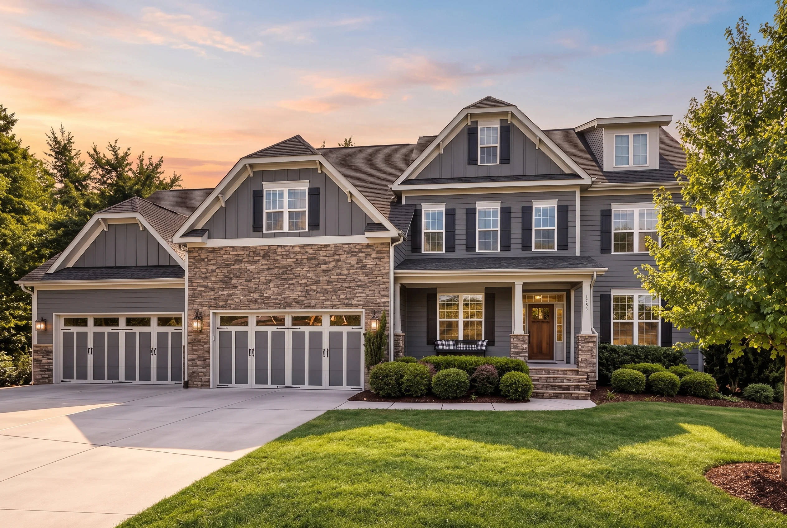 Plan  12-2599 – Promise Estate | New  American – 4-Bed, 4.5-Bath, 3,781 SF - Warm Charcoal, AI-generated exterior concept