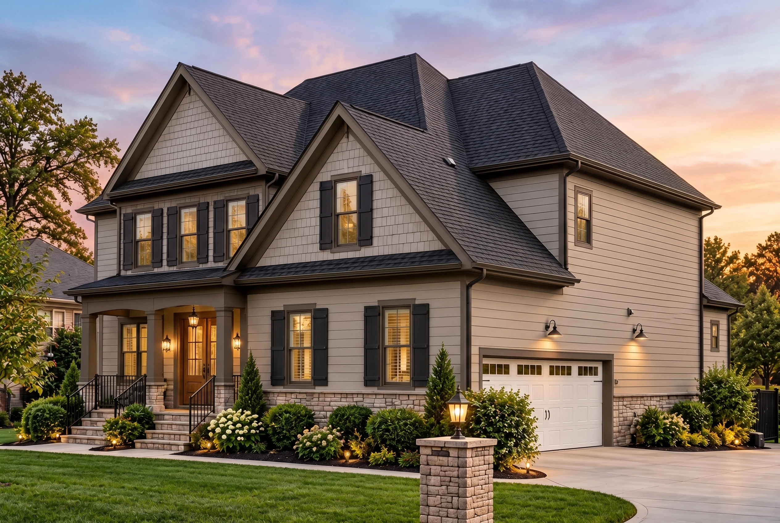 Plan  12-2581 – Sycamore Cove Cabin  | Traditional Colonial – 4-Bed, 4-Bath, 3,000 SF - Mushroom Taupe, AI-generated exterior concept