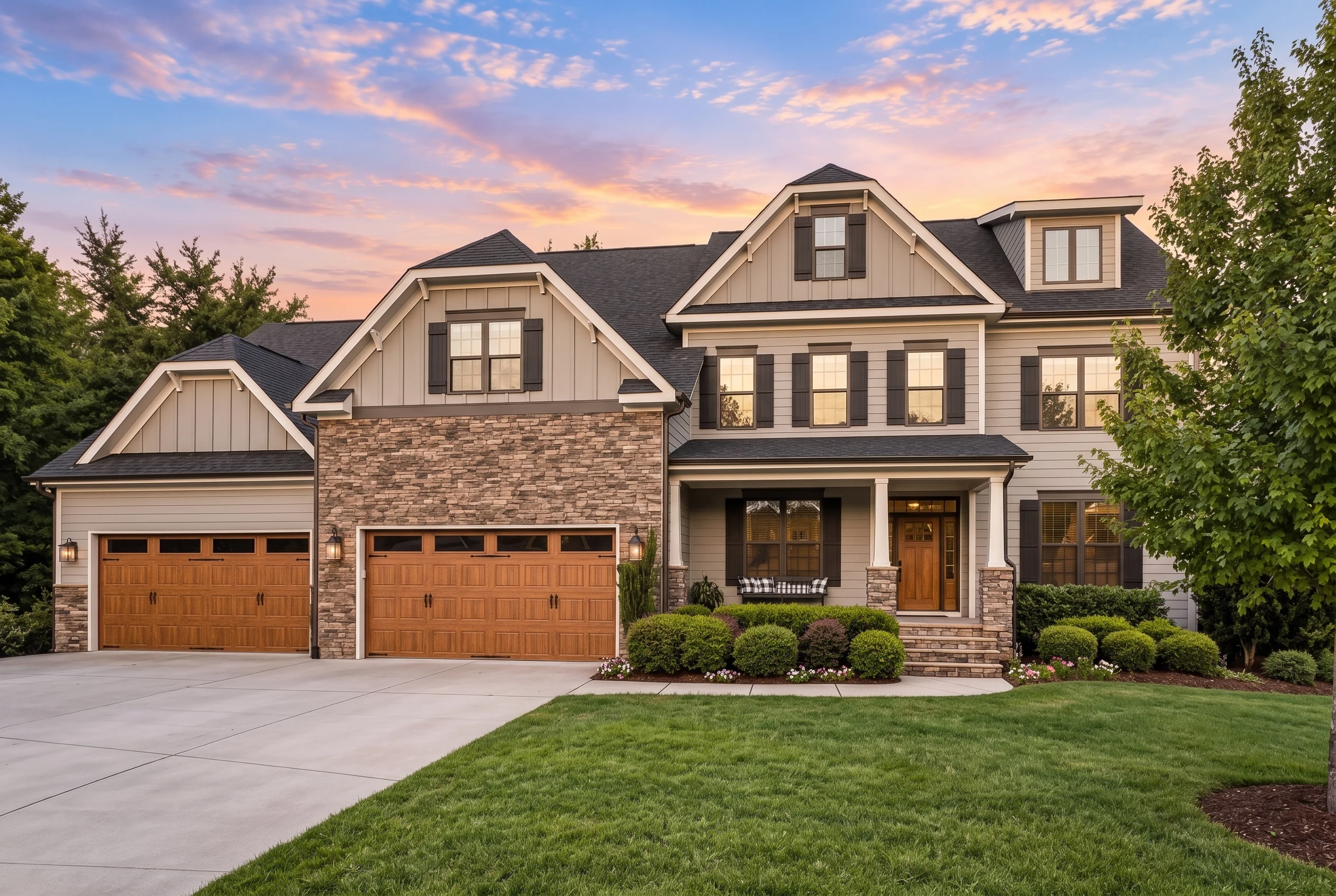 Plan  12-2599 – Promise Estate | New  American – 4-Bed, 4.5-Bath, 3,781 SF - Mushroom Taupe, AI-generated exterior concept