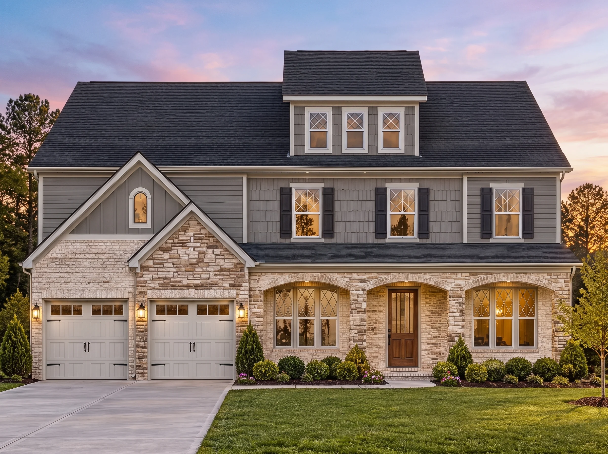 Plan  12-2604 – Sequence Manor | New  American – 6-Bed, 5-Bath, 3,466 SF - Warm Charcoal, AI-generated exterior concept