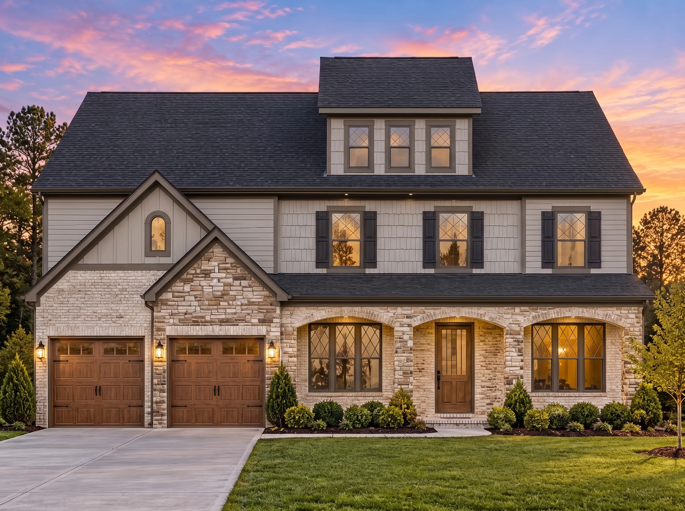 Plan  12-2604 – Sequence Manor | New  American – 6-Bed, 5-Bath, 3,466 SF - Mushroom Taupe, AI-generated exterior concept