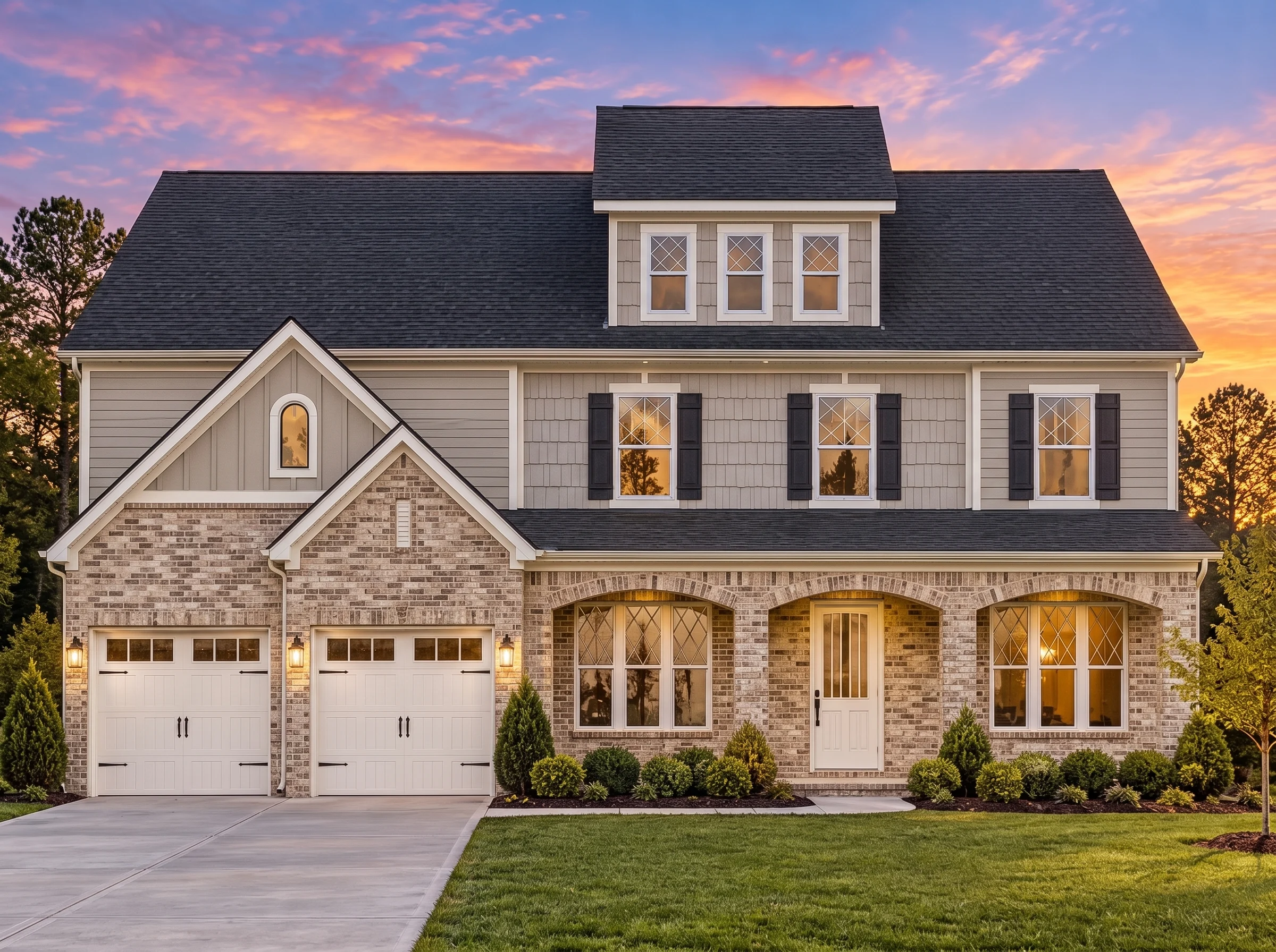 Plan  12-2604 – Sequence Manor | New  American – 6-Bed, 5-Bath, 3,466 SF - Natural Brick, AI-generated exterior concept