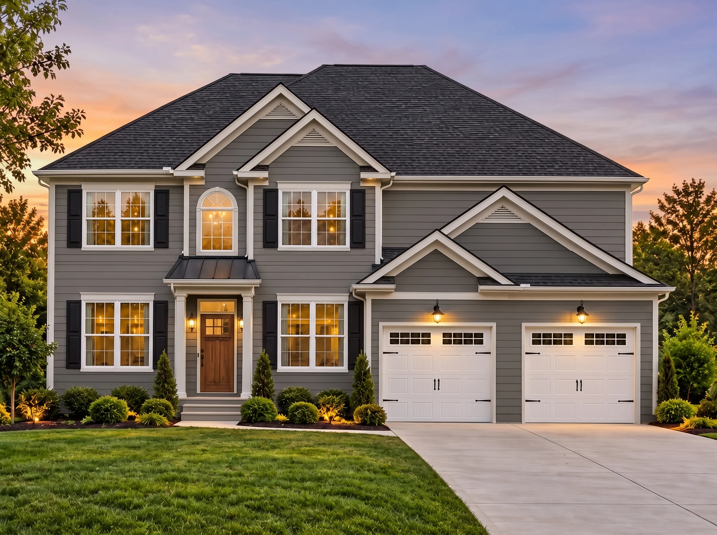 Plan  12-2608 – Aster Garden Chalet  | New American – 5-Bed, 4.5-Bath, 3,795 SF - Warm Charcoal, AI-generated exterior concept