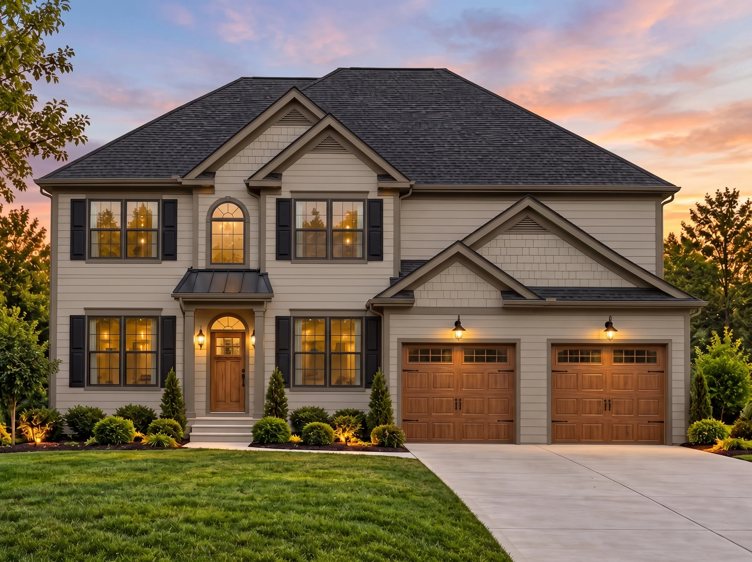 Plan  12-2608 – Aster Garden Chalet  | New American – 5-Bed, 4.5-Bath, 3,795 SF - Mushroom Taupe, AI-generated exterior concept
