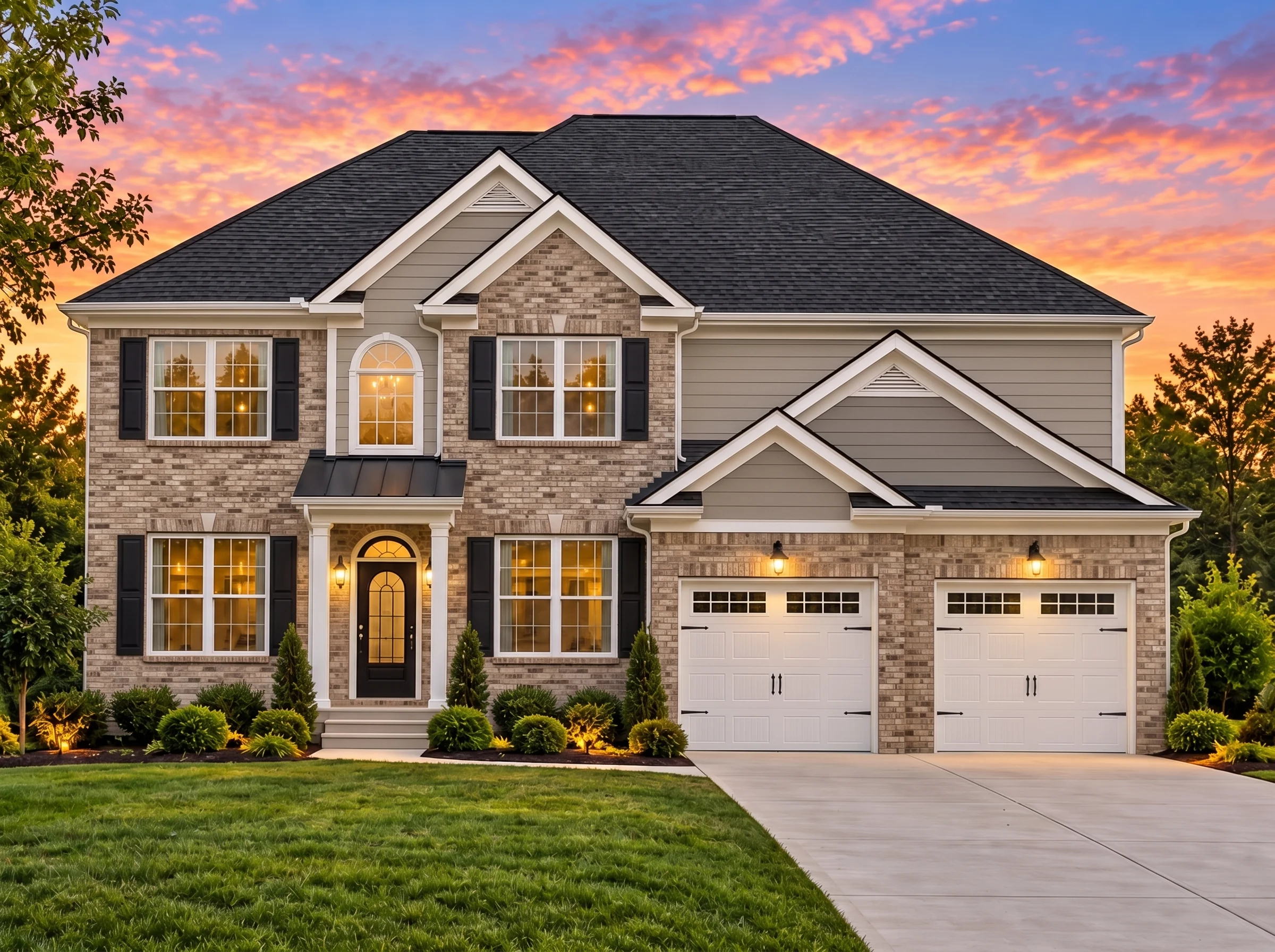 Plan  12-2608 – Aster Garden Chalet  | New American – 5-Bed, 4.5-Bath, 3,795 SF - Natural Brick, AI-generated exterior concept