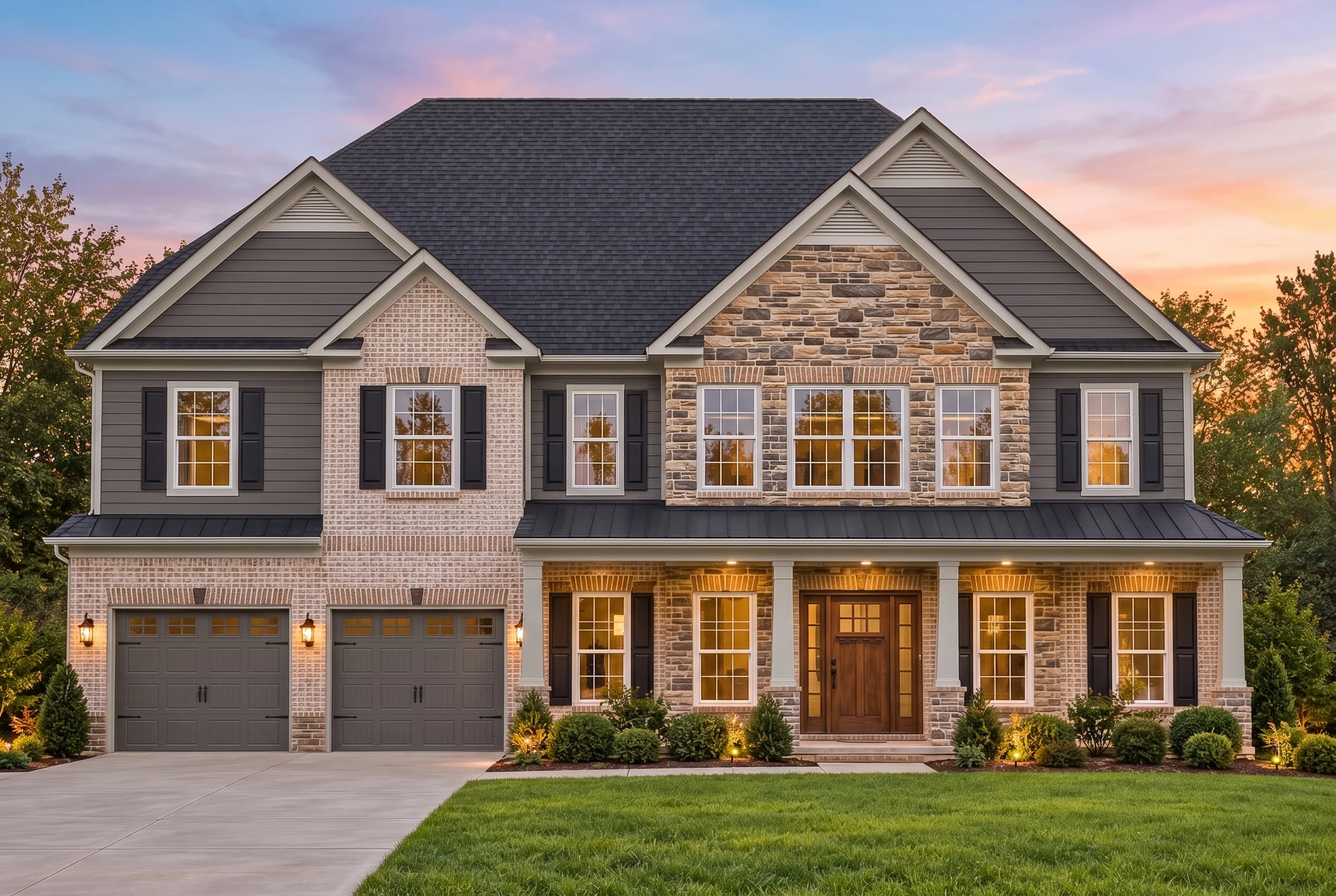 Plan  12-2612 – Aster Garden Retreat  | New American – 5-Bed, 4.5-Bath, 4,500 SF - Warm Charcoal, AI-generated exterior concept
