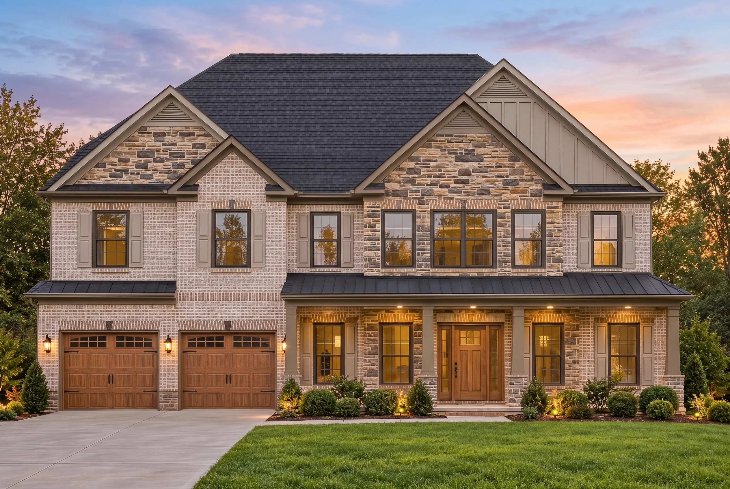 Plan  12-2612 – Aster Garden Retreat  | New American – 5-Bed, 4.5-Bath, 4,500 SF - Mushroom Taupe, AI-generated exterior concept