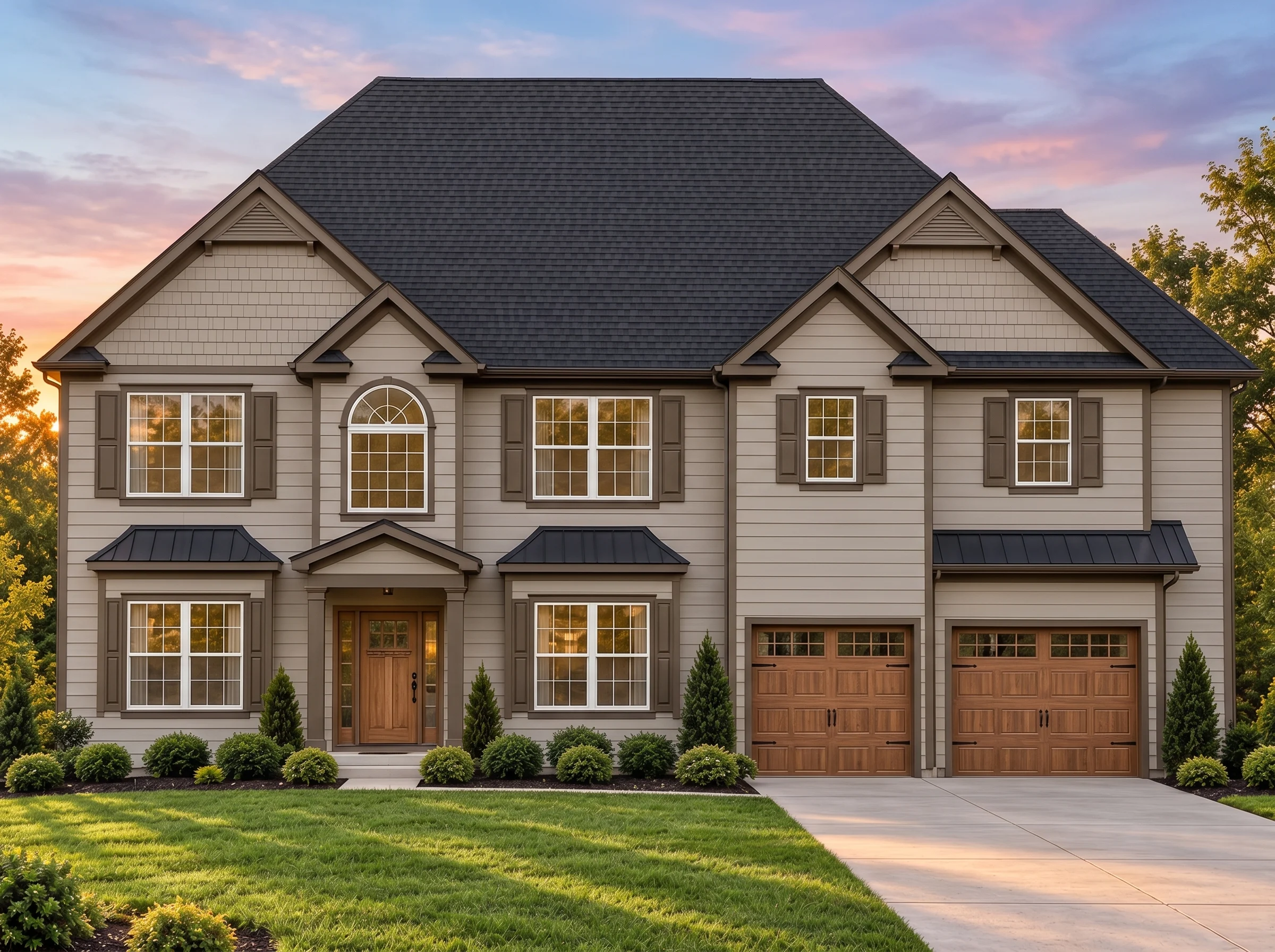 Plan  12-2611 – Yew Tree Bluff |  Traditional Colonial – 6-Bed, 4.5-Bath, 4,522 SF - Mushroom Taupe, AI-generated exterior concept