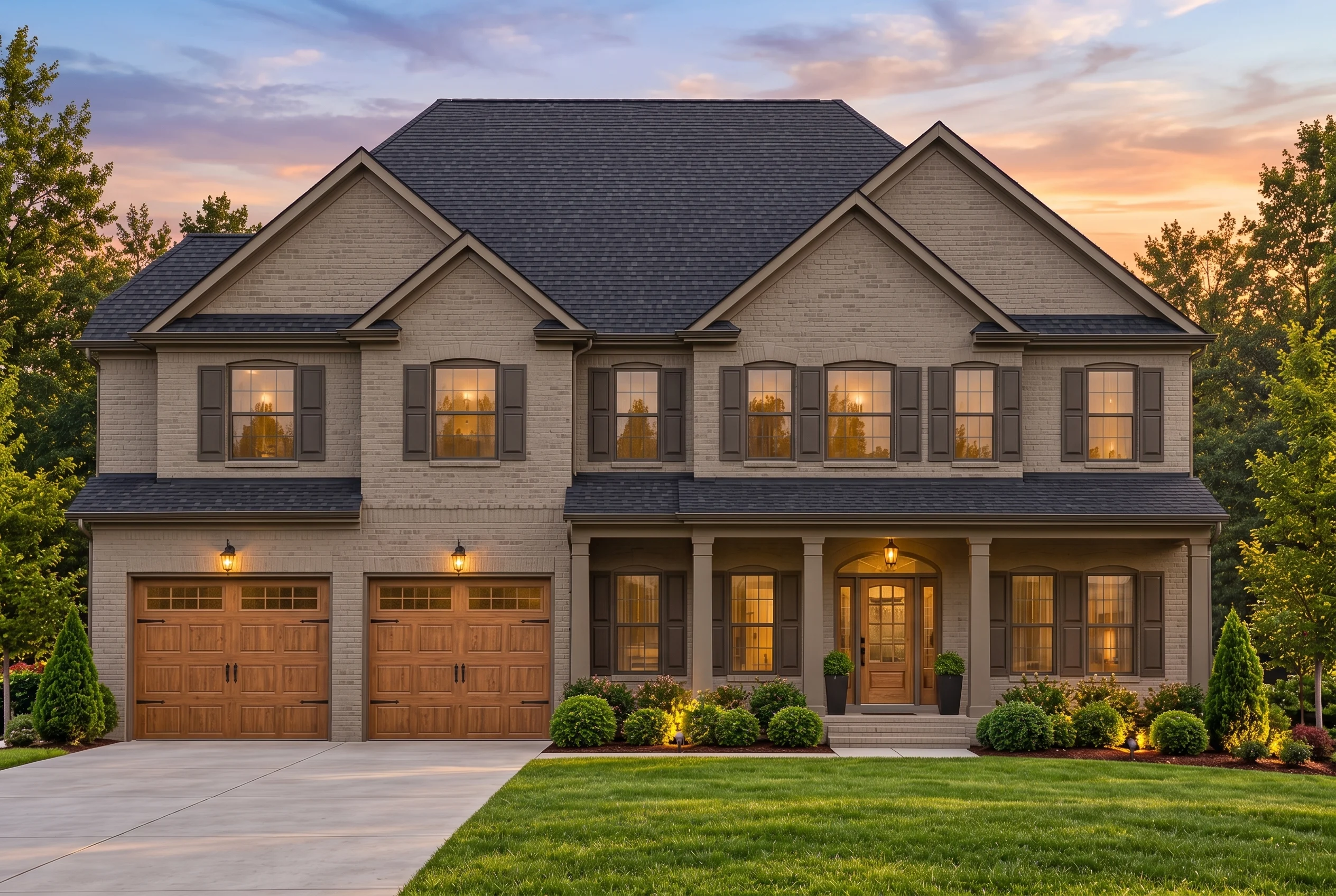 Plan  12-2613 – Auburn Bluff Manor |  New American – 5-Bed, 4.5-Bath, 3,500 SF - Mushroom Taupe, AI-generated exterior concept