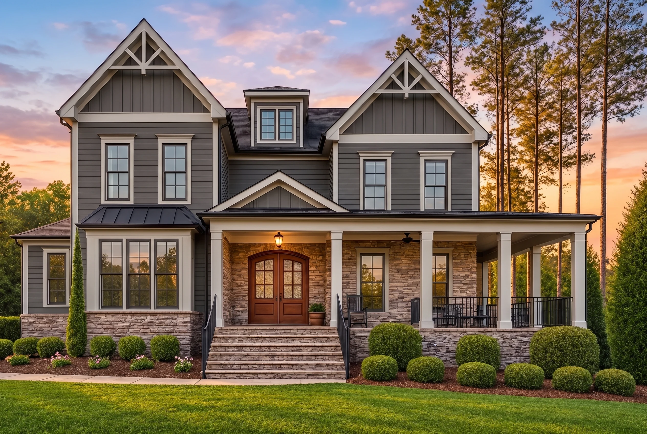 Plan  12-2629 – Iowa Plateau |  Southern Classical – 5-Bed, 0.5-Bath, 4,886 SF - Warm Charcoal, AI-generated exterior concept