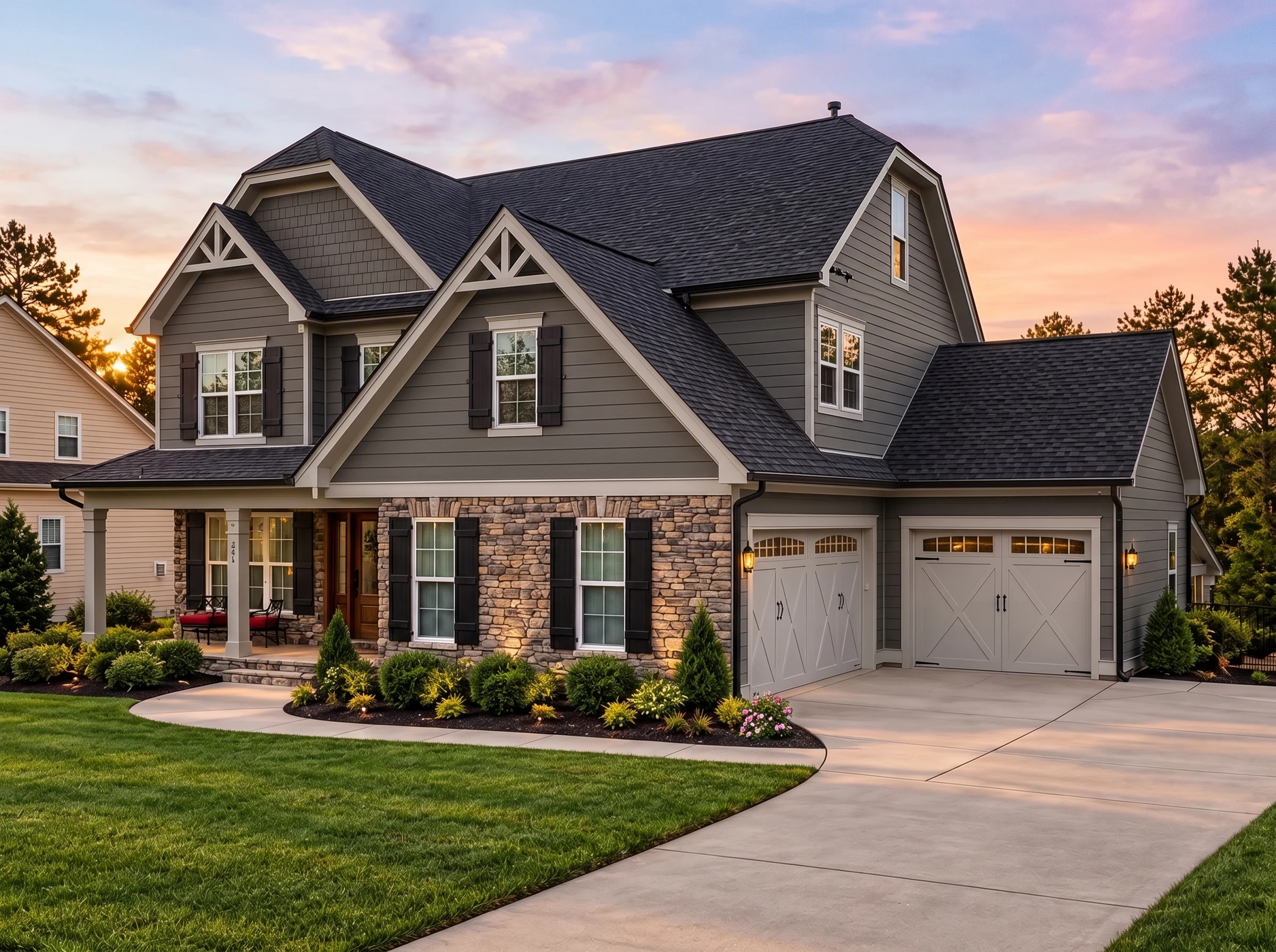 Plan  12-2630B – Auburn Pointe House  | New American – 5-Bed, 4-Bath, 3,315 SF - Warm Charcoal, AI-generated exterior concept