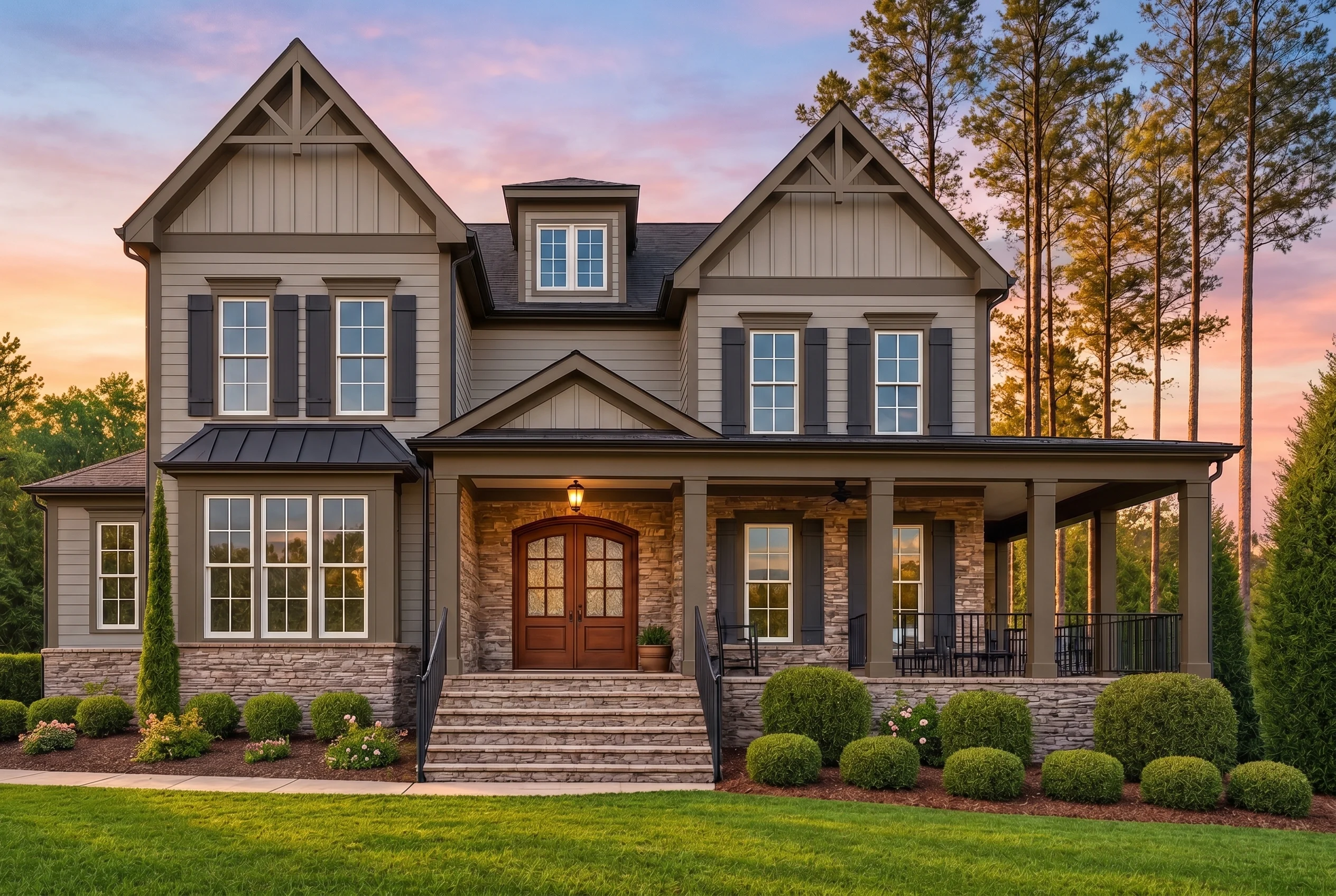 Plan  12-2629 – Iowa Plateau |  Southern Classical – 5-Bed, 0.5-Bath, 4,886 SF - Mushroom Taupe, AI-generated exterior concept