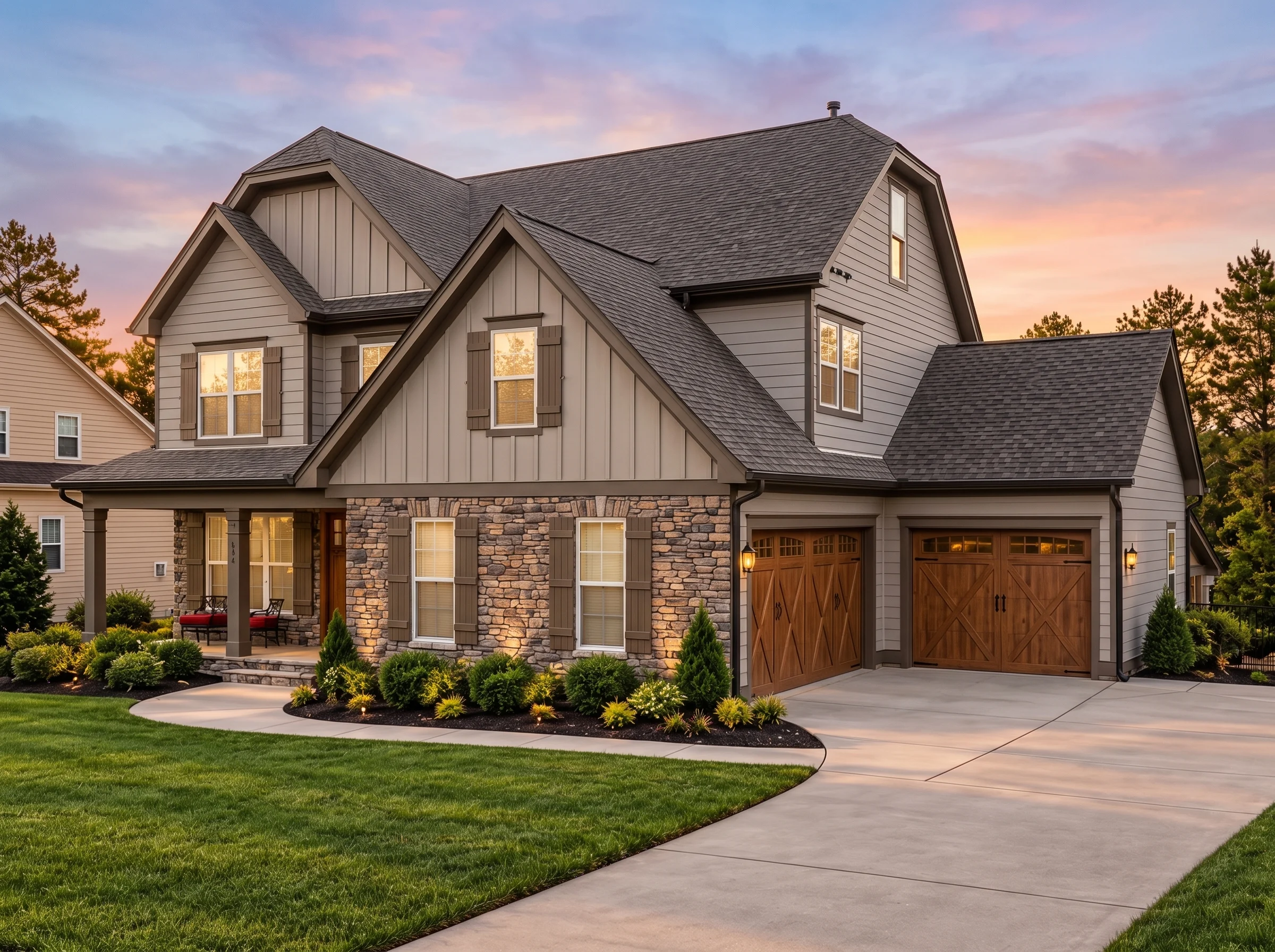 Plan  12-2630B – Auburn Pointe House  | New American – 5-Bed, 4-Bath, 3,315 SF - Mushroom Taupe, AI-generated exterior concept