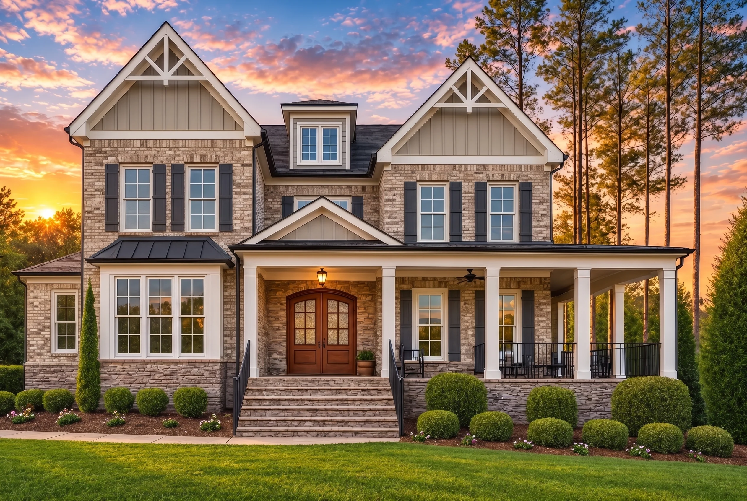 Plan  12-2629 – Iowa Plateau |  Southern Classical – 5-Bed, 0.5-Bath, 4,886 SF - Natural Brick, AI-generated exterior concept