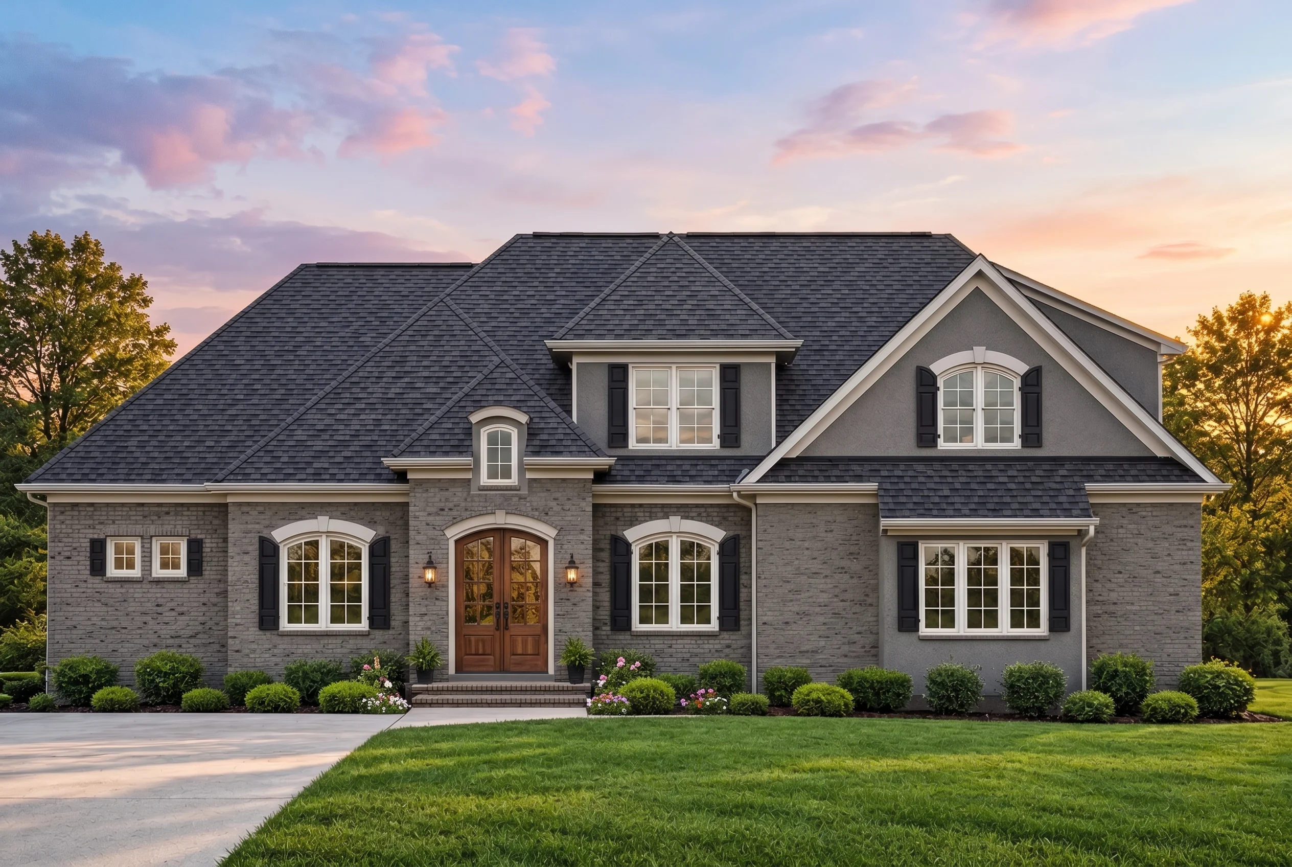 Plan  12-2631 – Aster Harbor Residence  | New American – 3-Bed, 3.5-Bath, 3,400 SF - Warm Charcoal, AI-generated exterior concept
