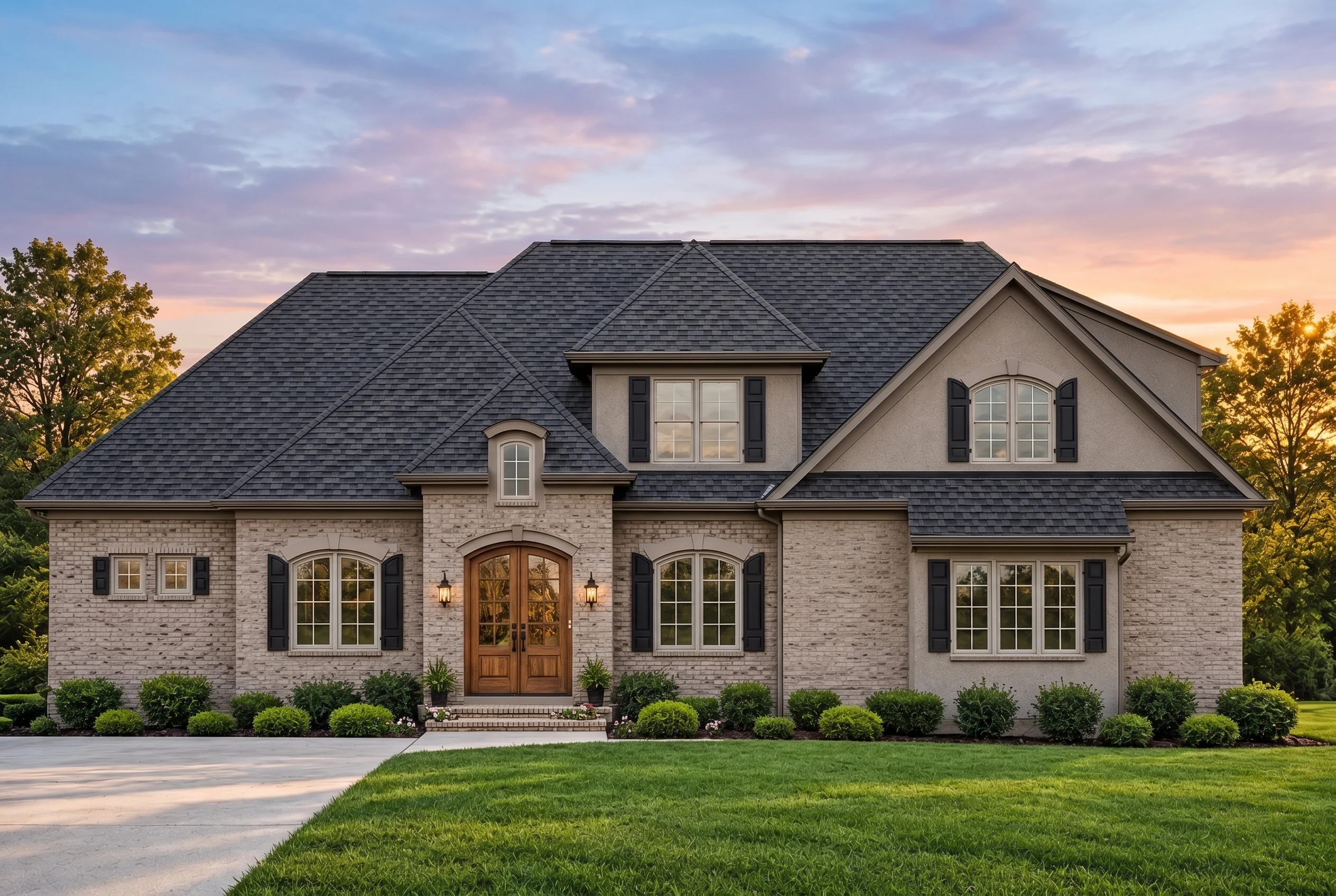 Plan  12-2631 – Aster Harbor Residence  | New American – 3-Bed, 3.5-Bath, 3,400 SF - Mushroom Taupe, AI-generated exterior concept