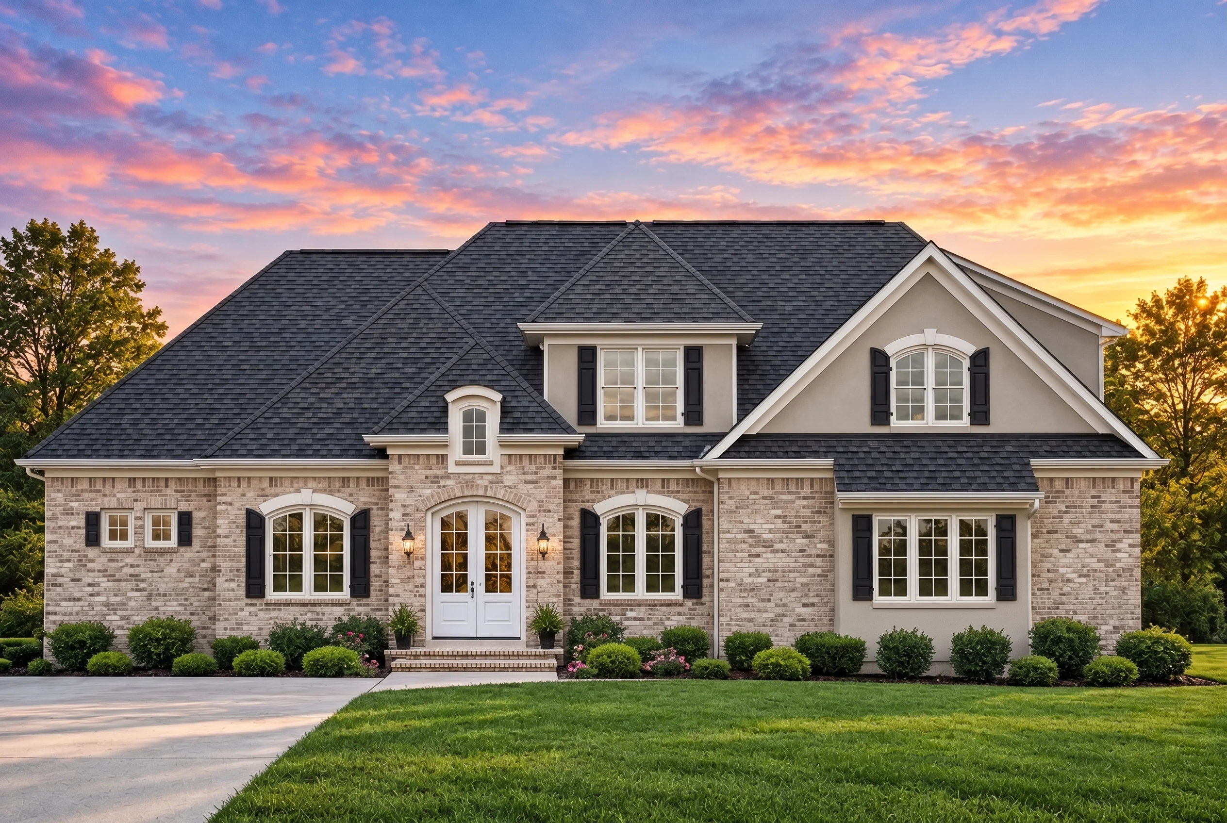 Plan  12-2631 – Aster Harbor Residence  | New American – 3-Bed, 3.5-Bath, 3,400 SF - Natural Brick, AI-generated exterior concept