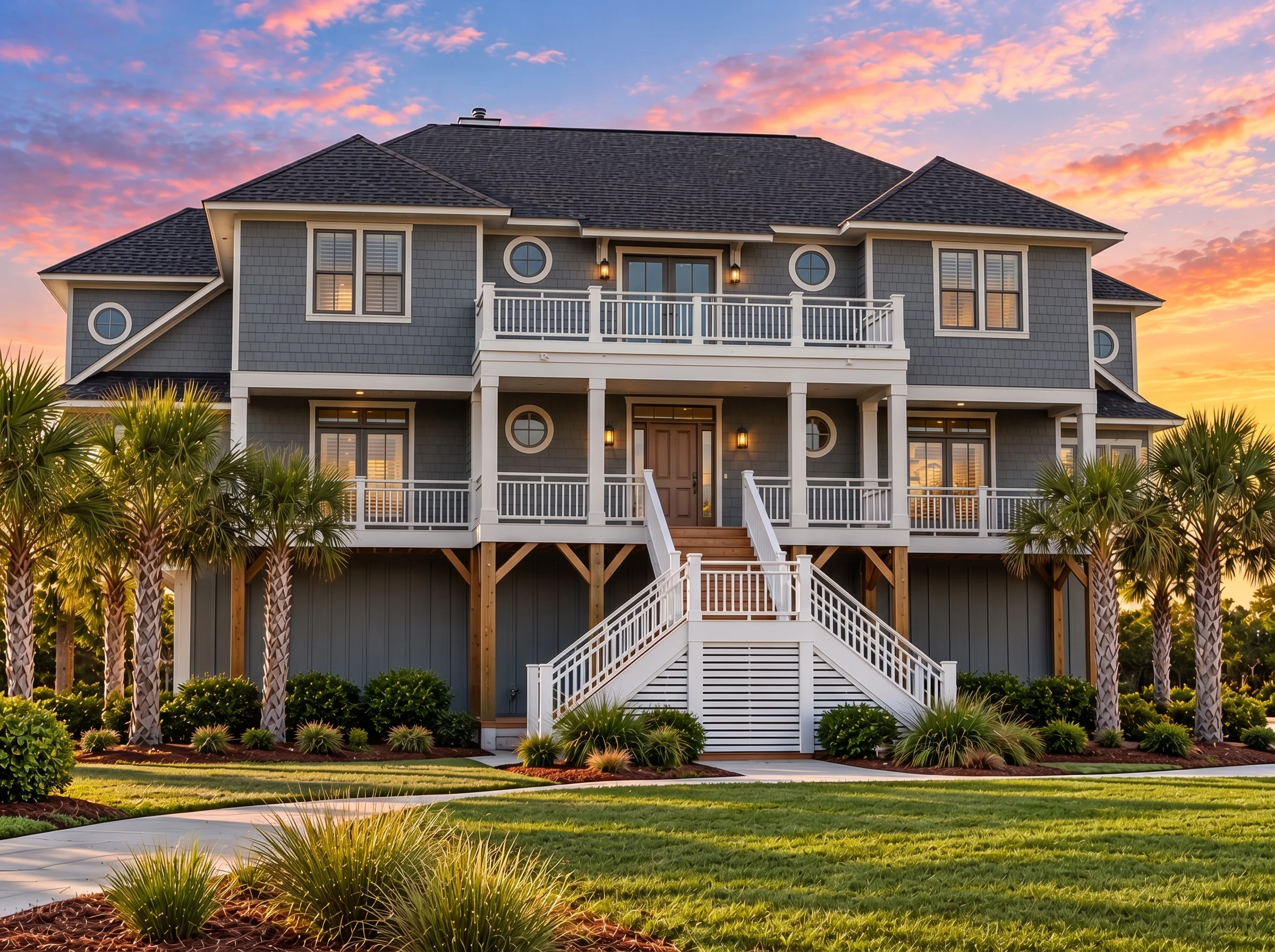 Plan  12-2658 – Aster Hollow Place |  Coastal – 6-Bed, 5-Bath, 4,406 SF - Warm Charcoal, AI-generated exterior concept