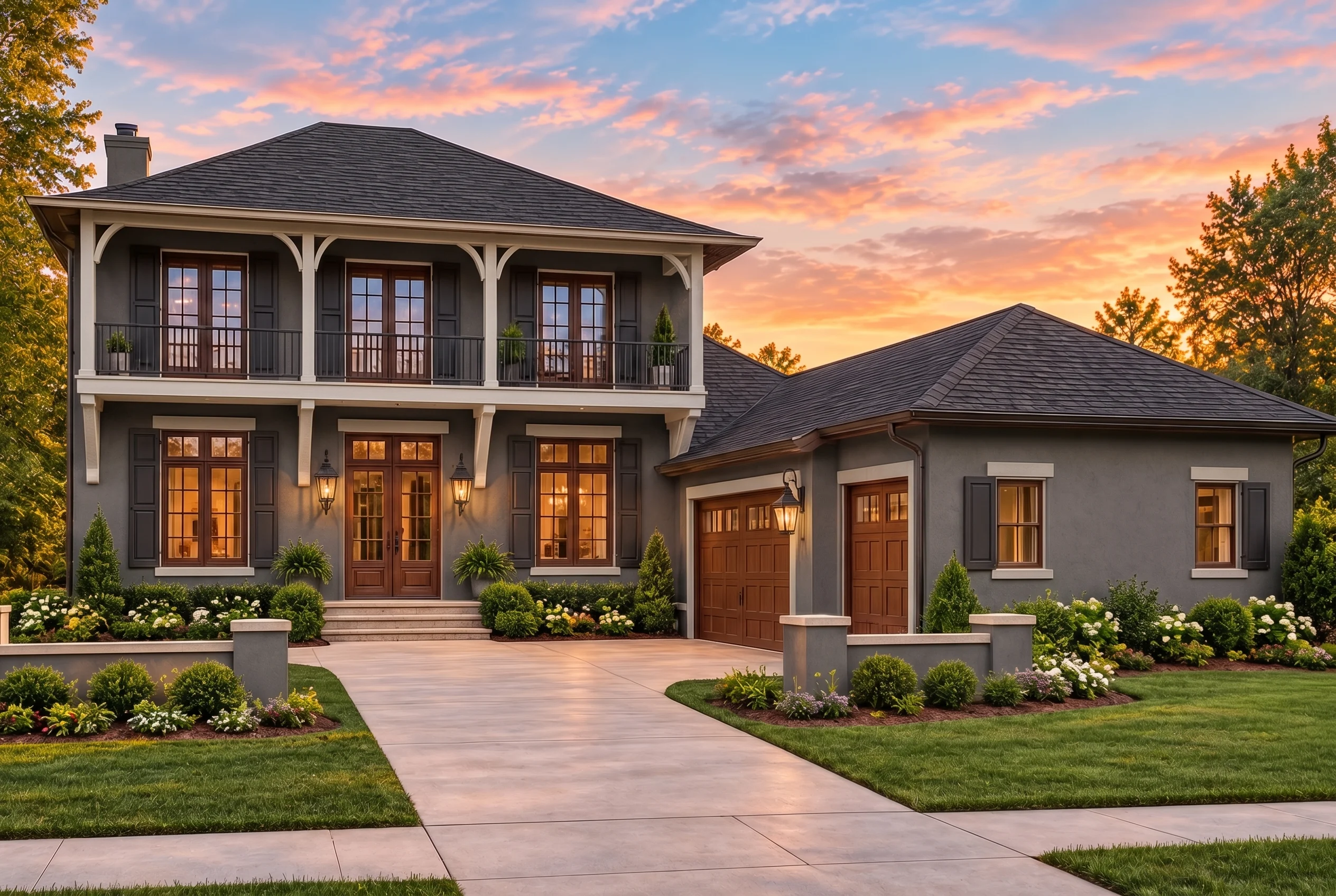Plan  12-2669 – Hurt House |  Classical Southern – 3-Bed, 3.5-Bath, 3,207 SF - Warm Charcoal, AI-generated exterior concept