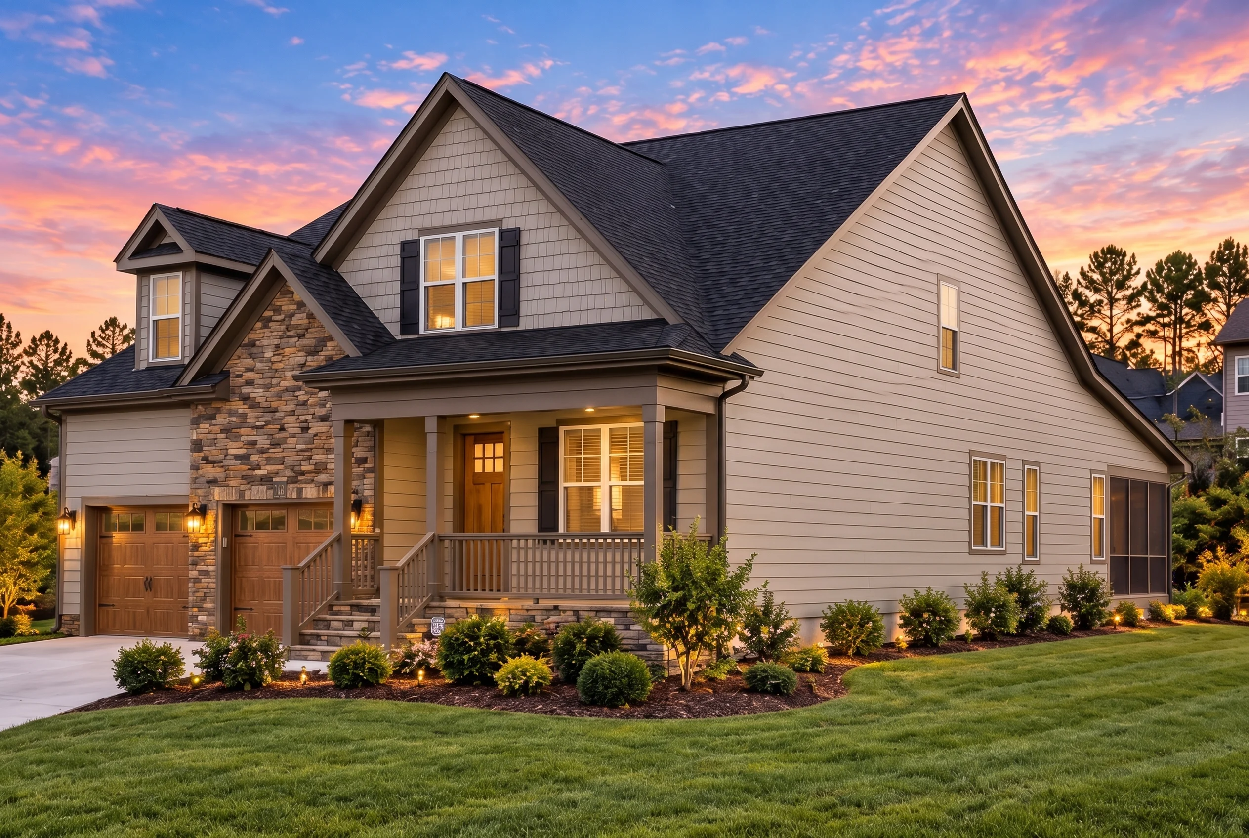 Plan  12-2656 – The Paradigm | New  American – 3-Bed, 3-Bath, 2,312 SF - Mushroom Taupe, AI-generated exterior concept
