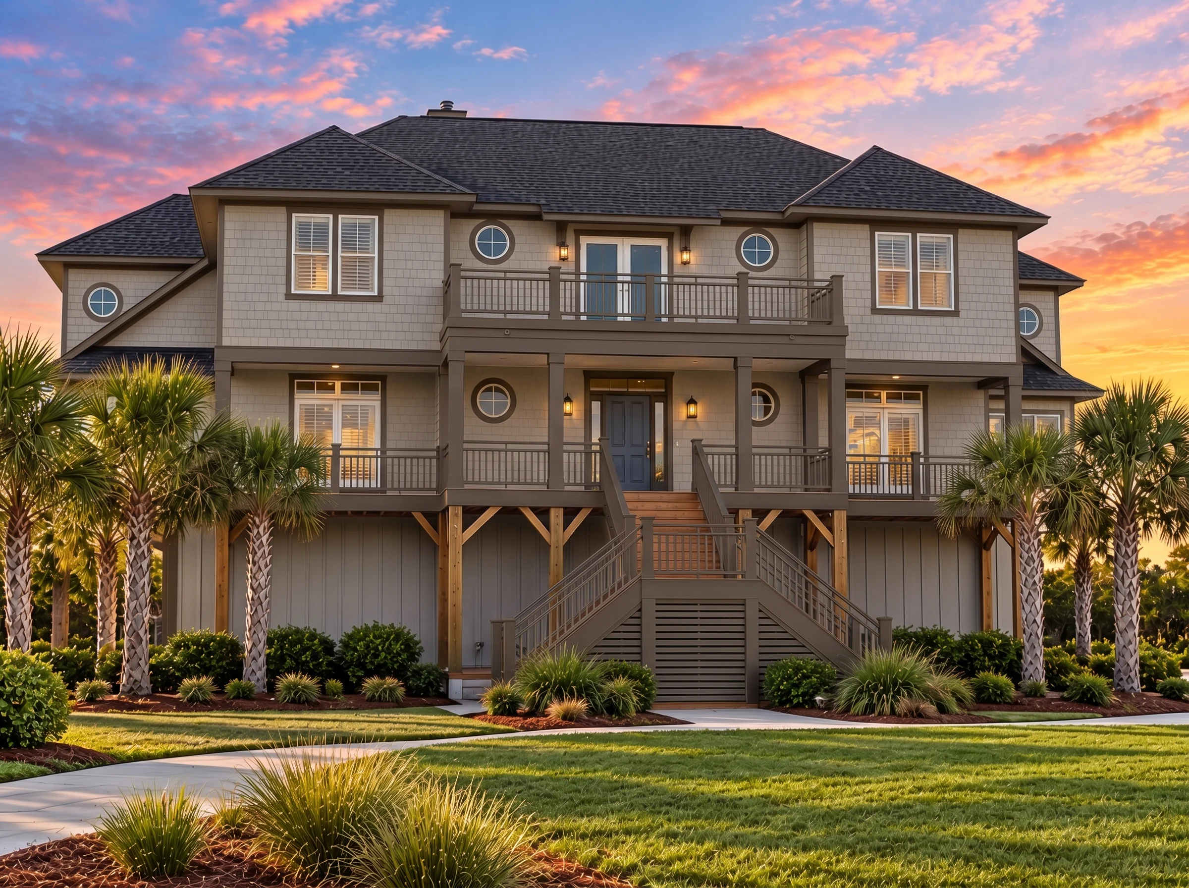 Plan  12-2658 – Aster Hollow Place |  Coastal – 6-Bed, 5-Bath, 4,406 SF - Mushroom Taupe, AI-generated exterior concept