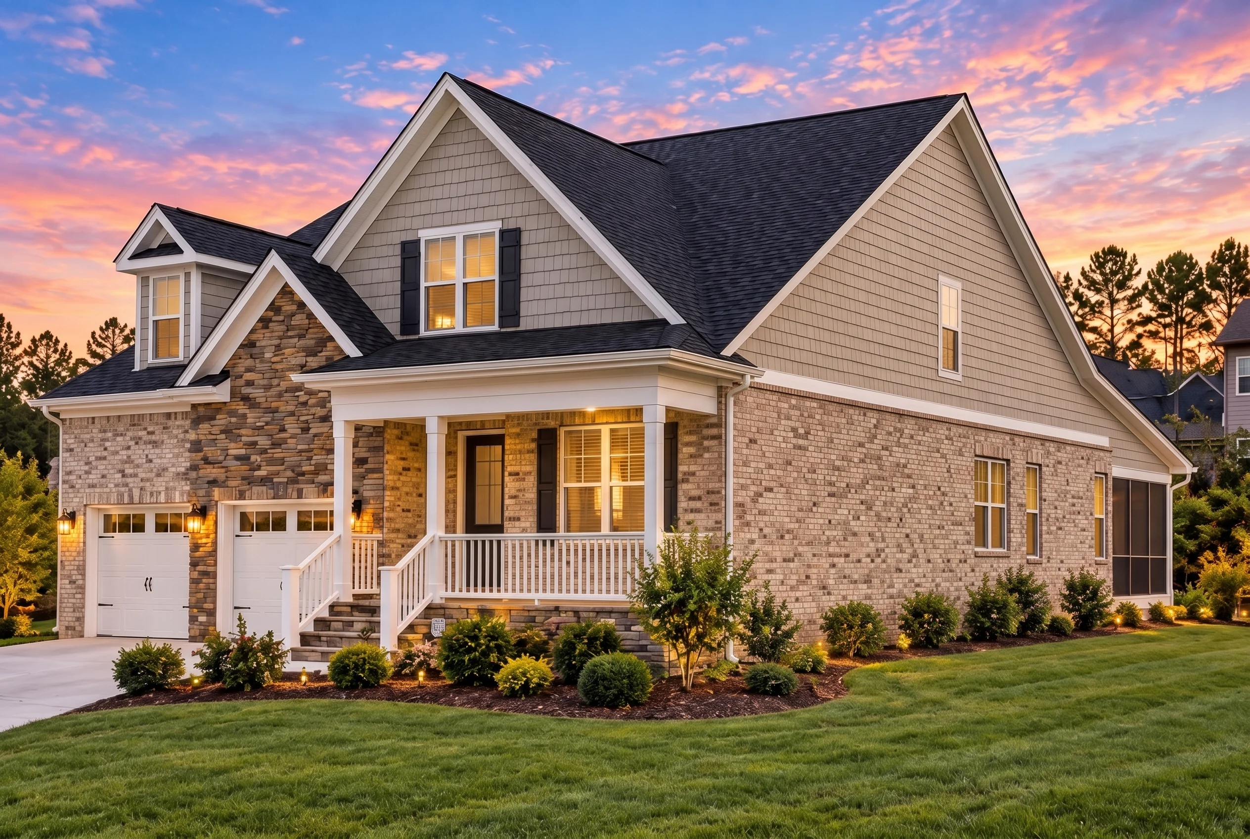 Plan  12-2656 – The Paradigm | New  American – 3-Bed, 3-Bath, 2,312 SF - Natural Brick, AI-generated exterior concept