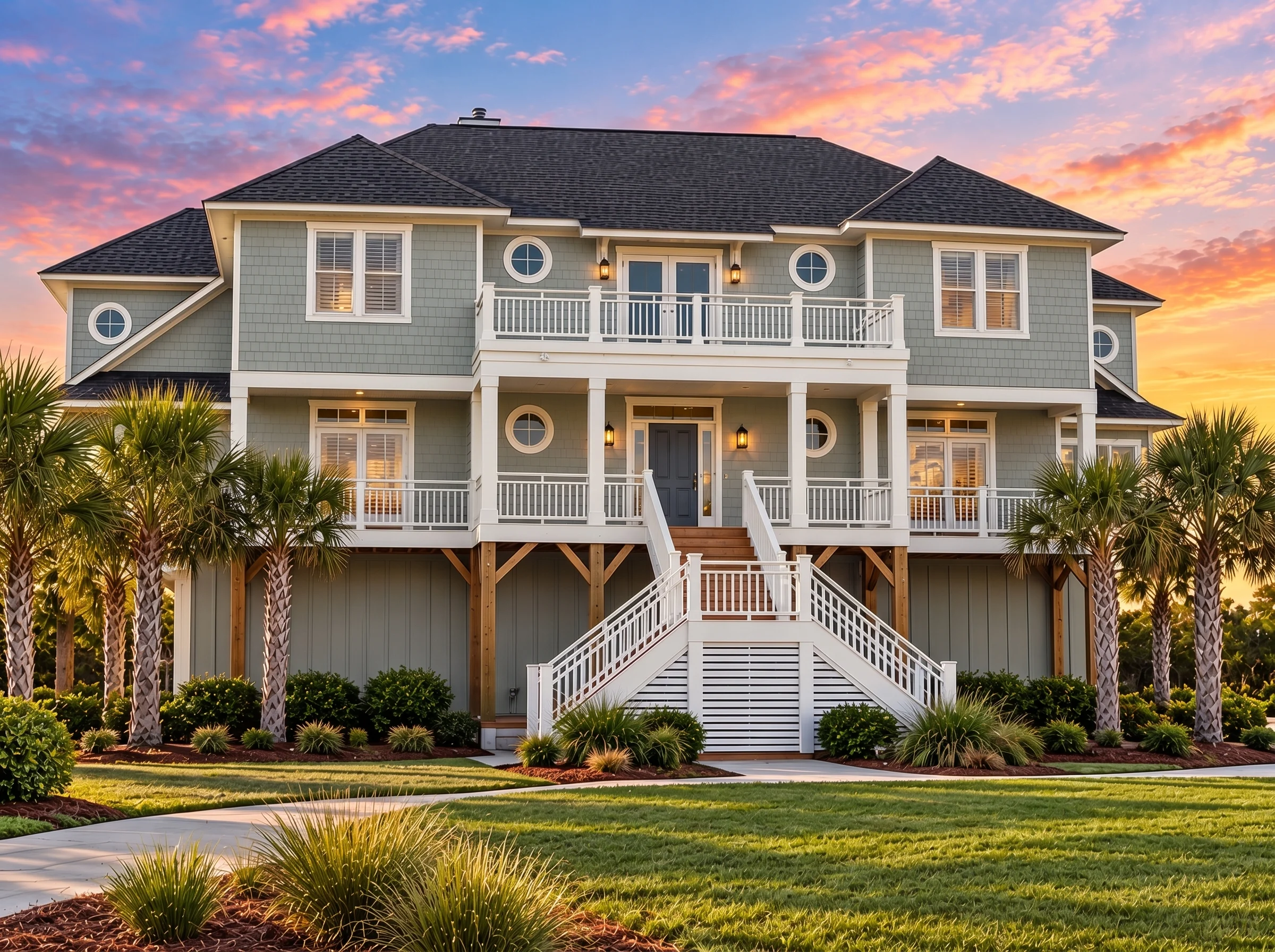 Plan  12-2658 – Aster Hollow Place |  Coastal – 6-Bed, 5-Bath, 4,406 SF - Muted Sage, AI-generated exterior concept