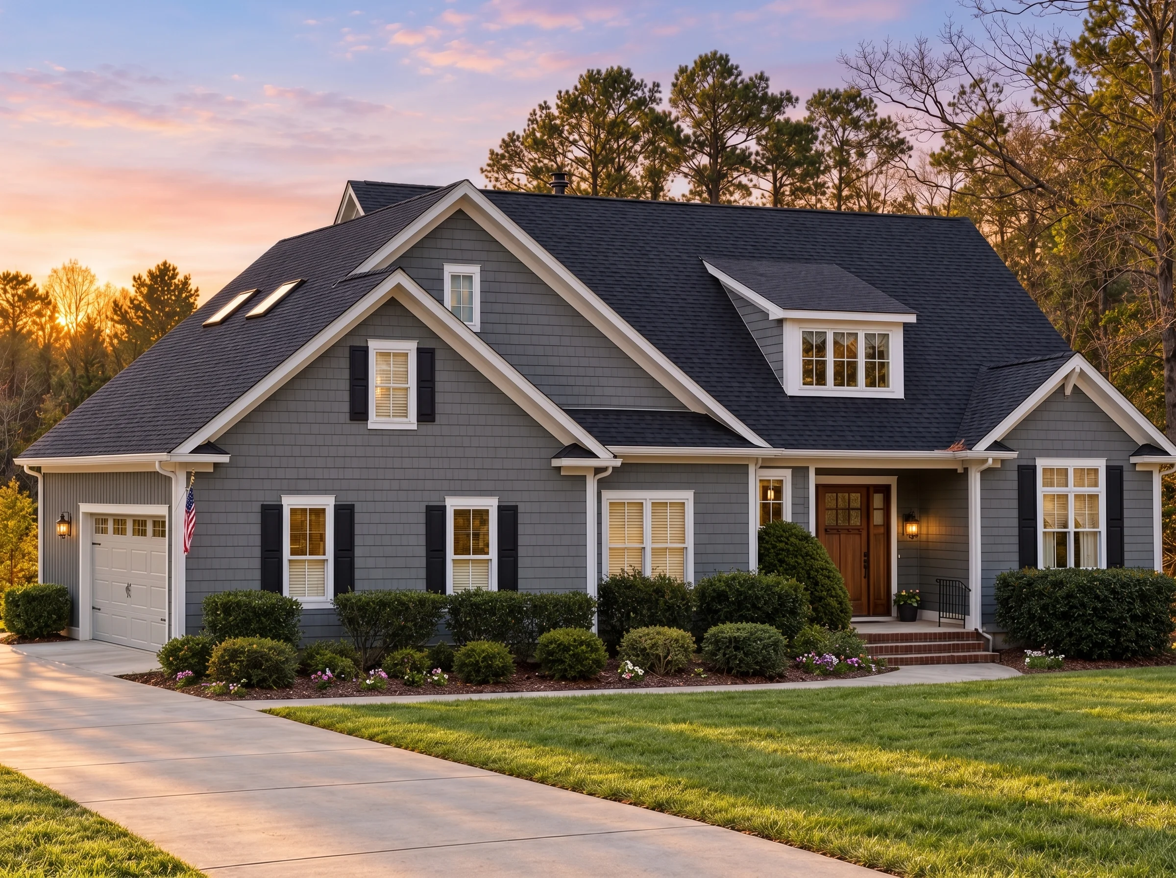 Plan  12-2696 – Elm Ridge Farm |  Shingle Style – 3-Bed, 3.5-Bath, 3,321 SF - Warm Charcoal, AI-generated exterior concept