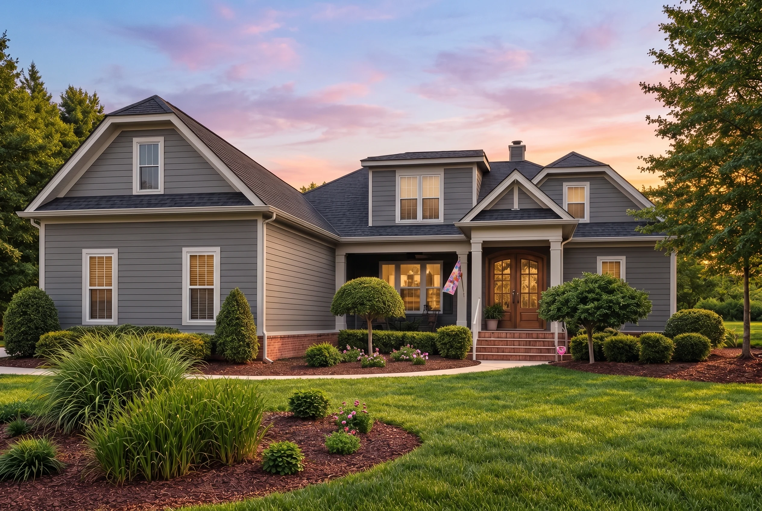Plan  12-2677 – Aster Bridge Retreat  | Traditional – 3-Bed, 3-Bath, 2,632 SF - Warm Charcoal, AI-generated exterior concept